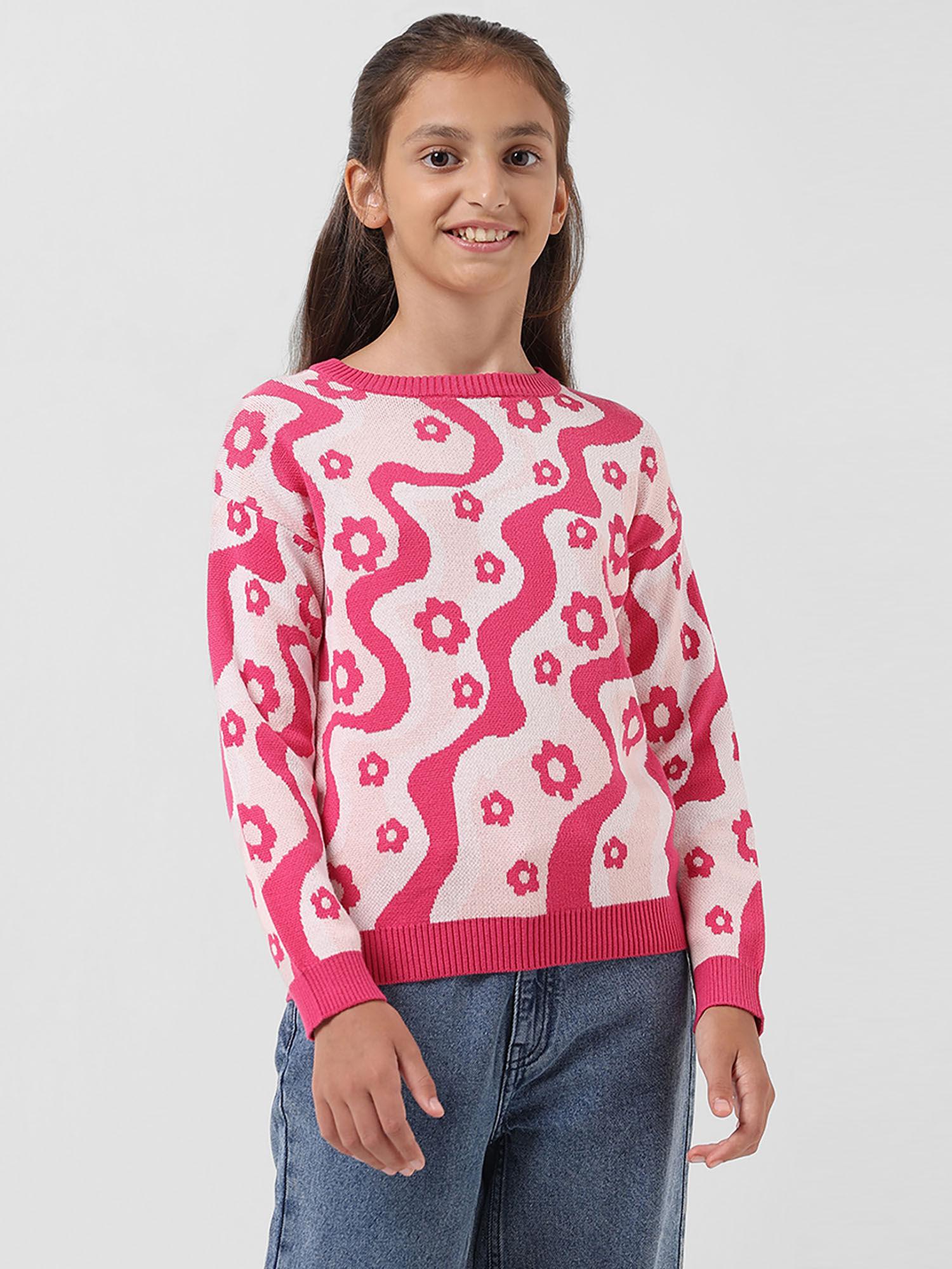 Girls Floral Print Pink Sweater