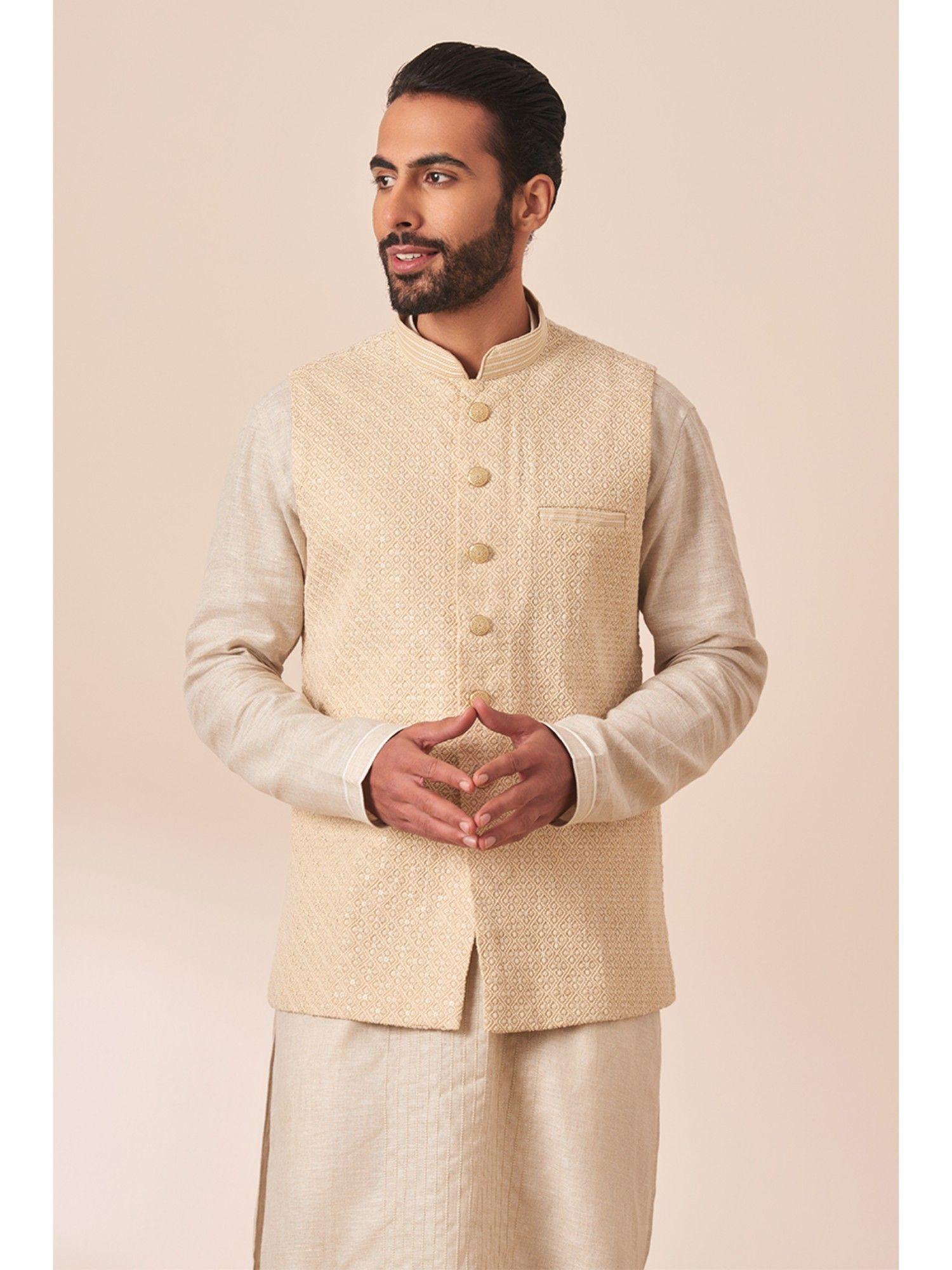Beige Blended Viscose Self Design Nehru Jacket