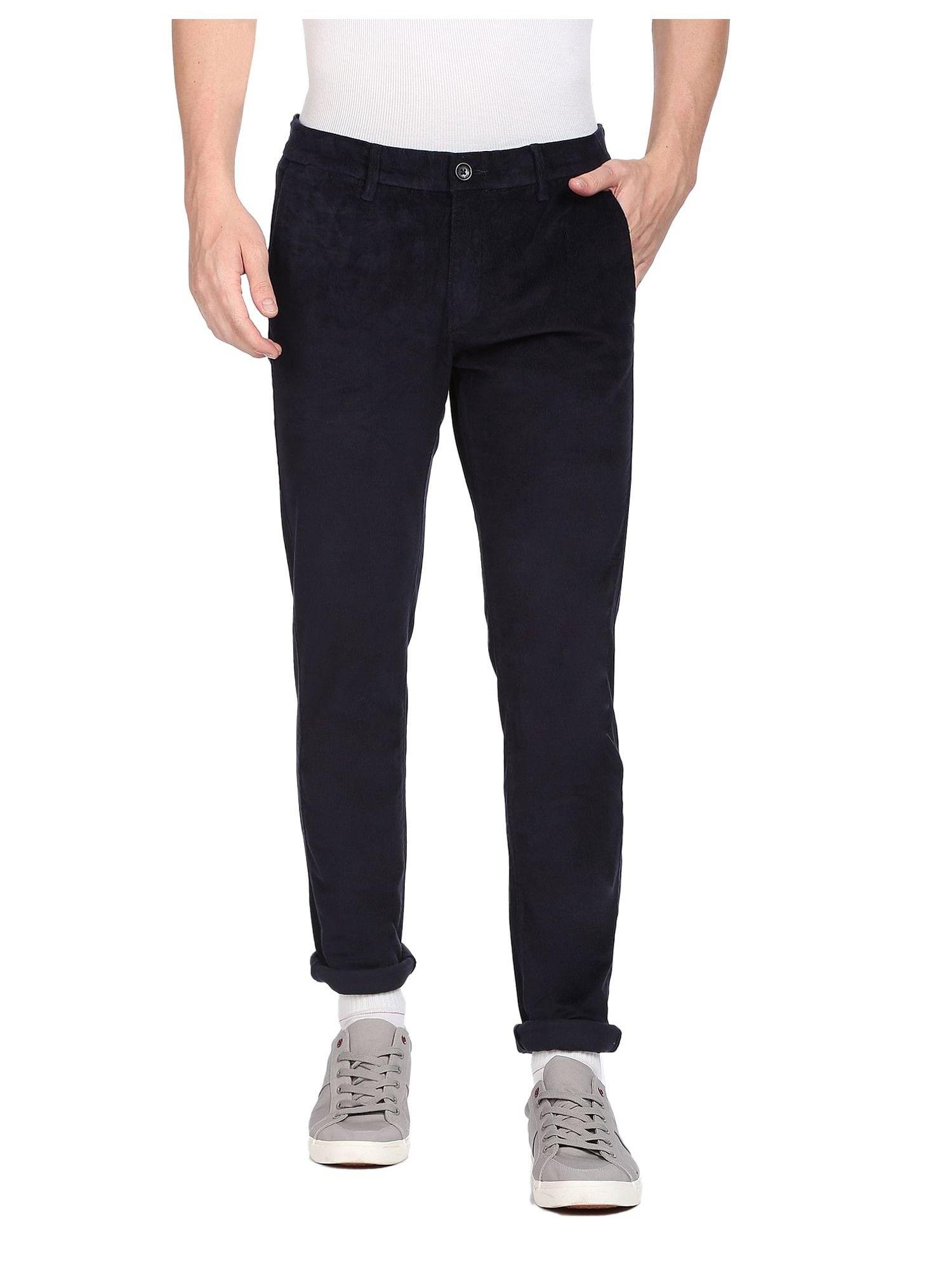 Men Navy Corduroy Weave Solid Casual Trousers
