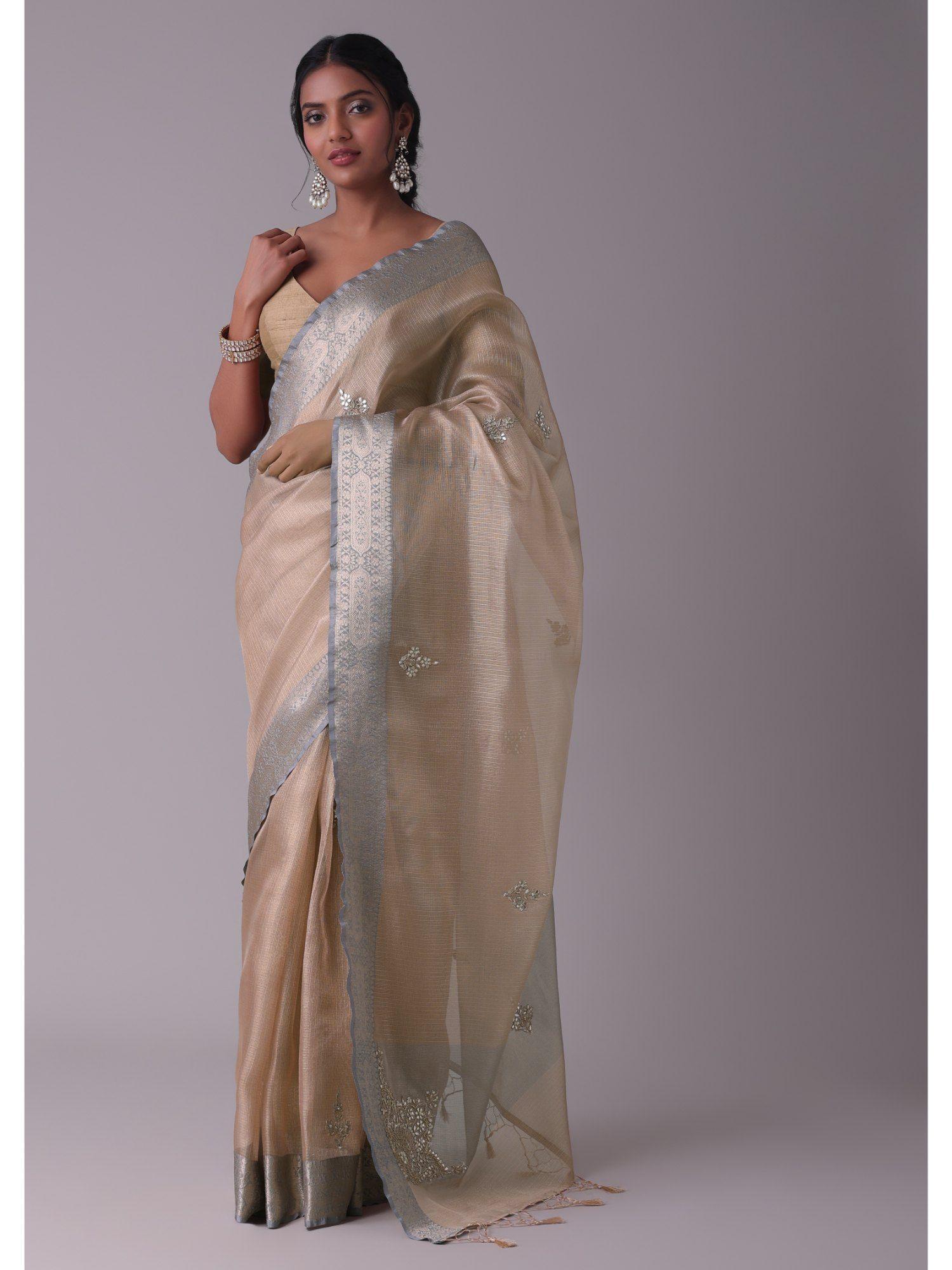Champagne Gold & Blue Toned Glass Tissue Saree with Embroidery with Unstitched Blouse