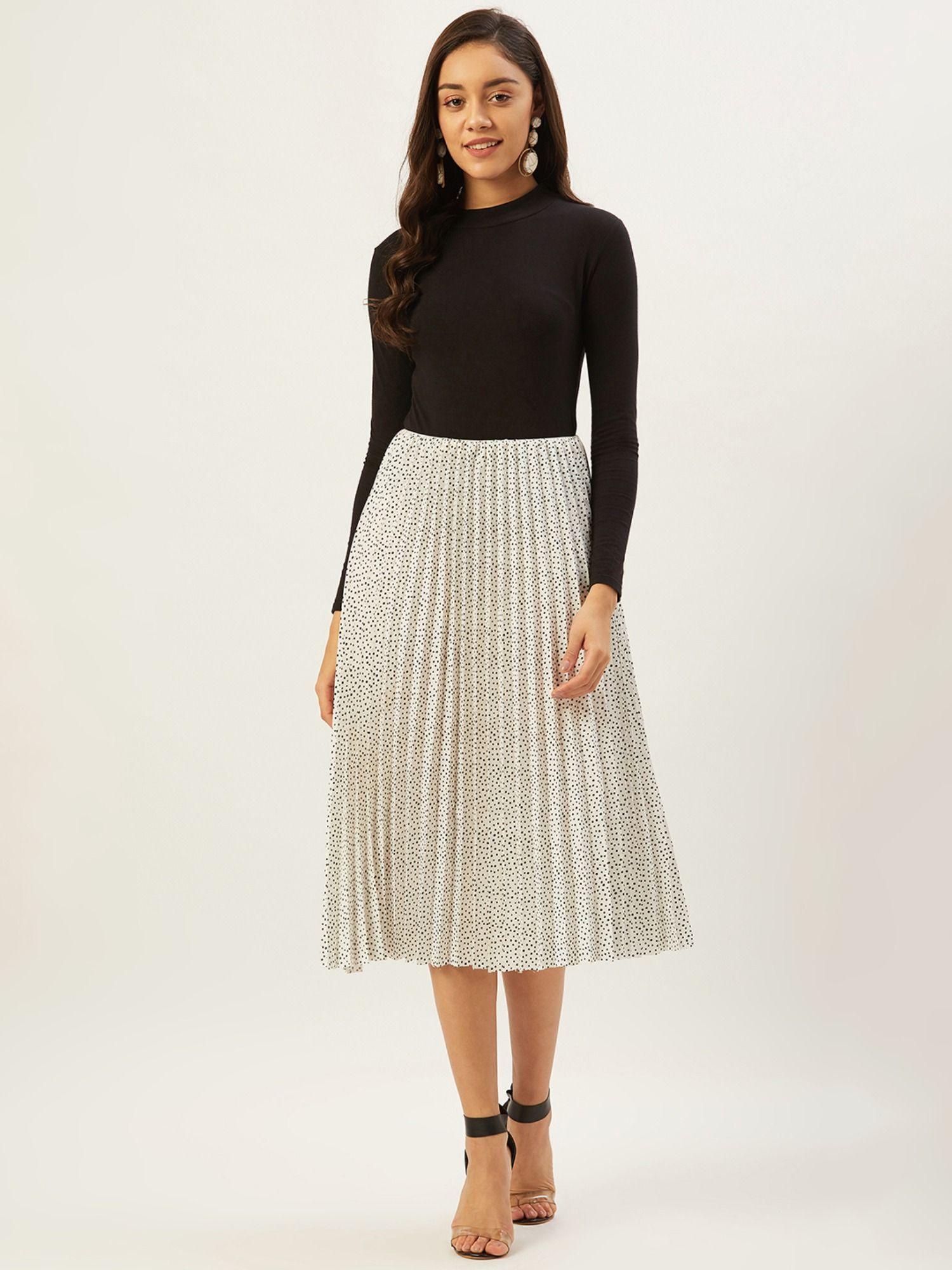 Women White & Black Micro Dot Printed Flared Midi Skirt