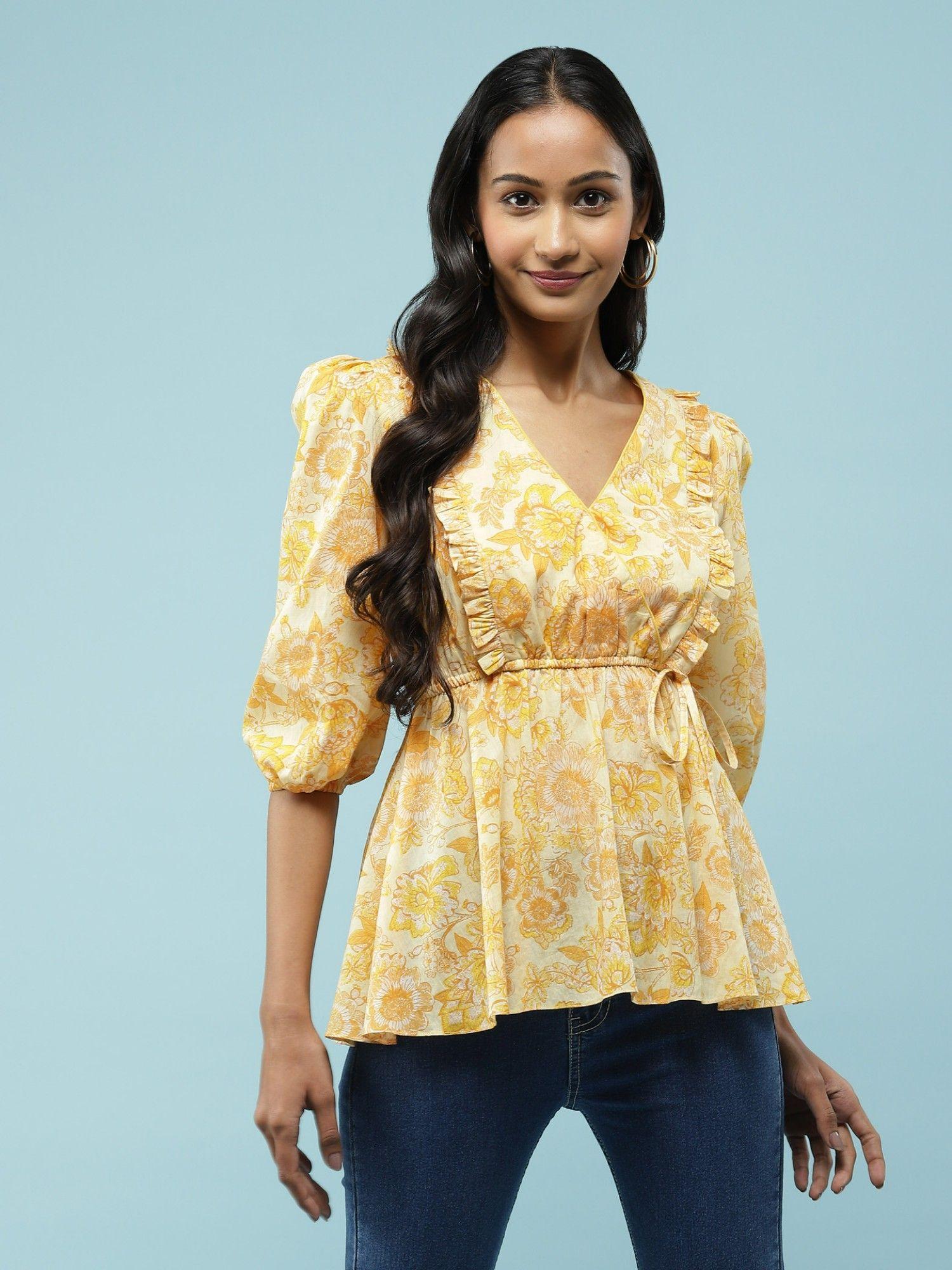 Yellow Floral Print Wrap Style Top
