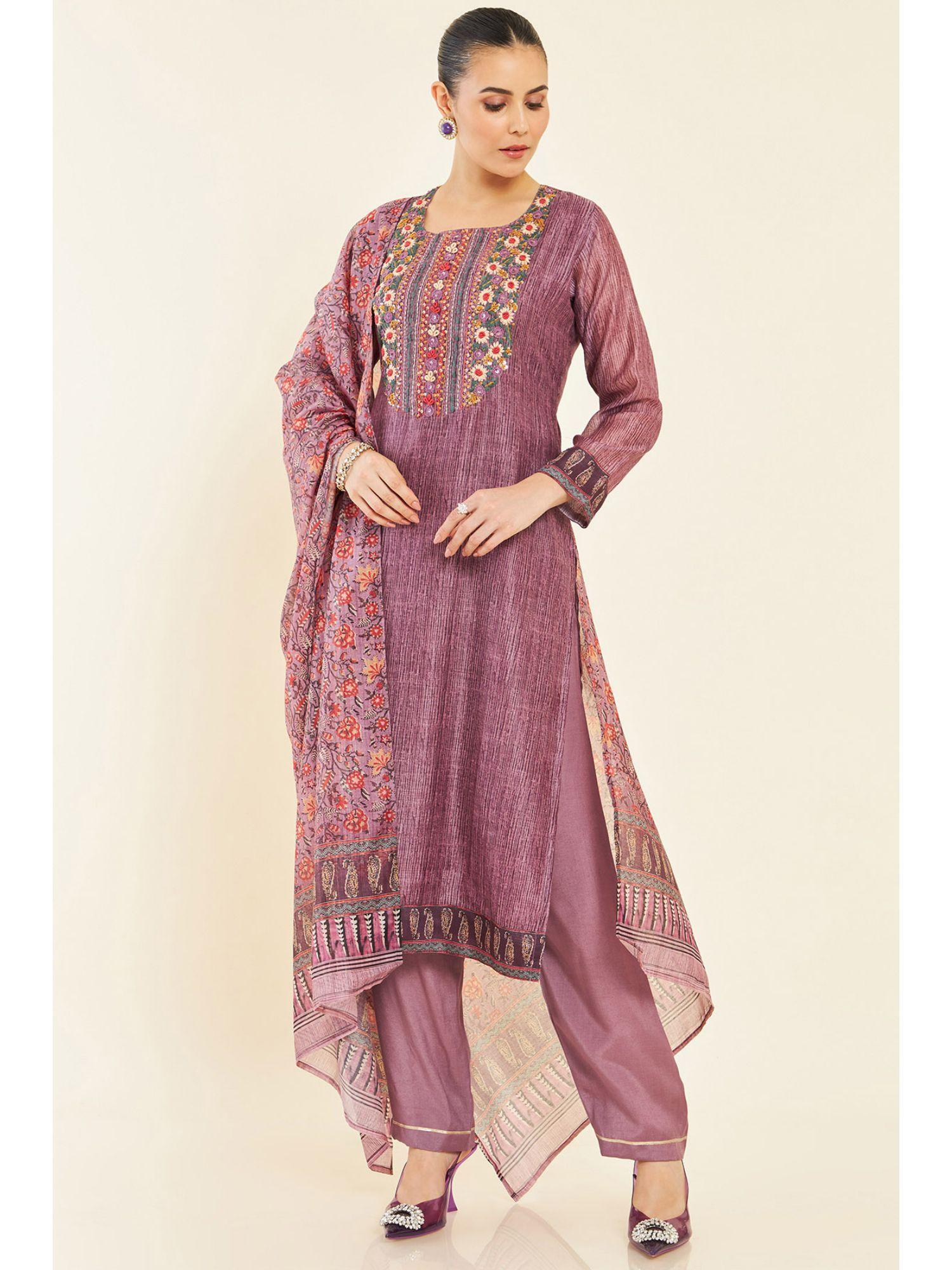 Women Purple Chanderi Unstitched Dress Material (Set of 3)