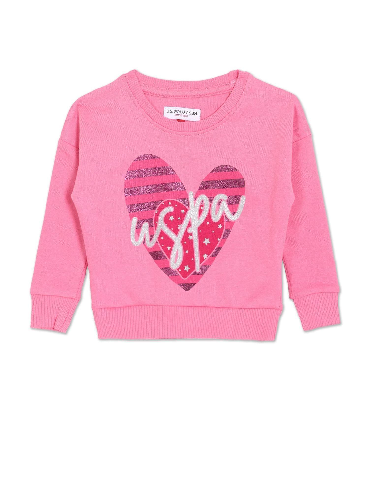 Girls Pink Crew Neck Printed Cotton Sweatshirt