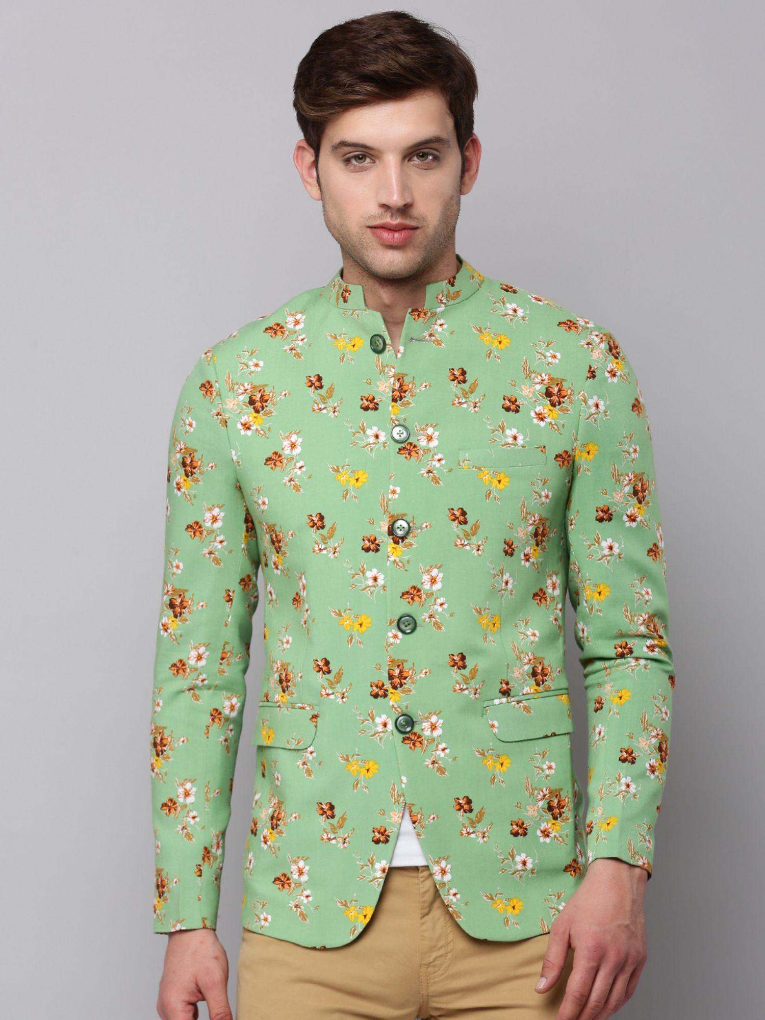 mens-mandarin-collar-printed-green-open-front-blazer