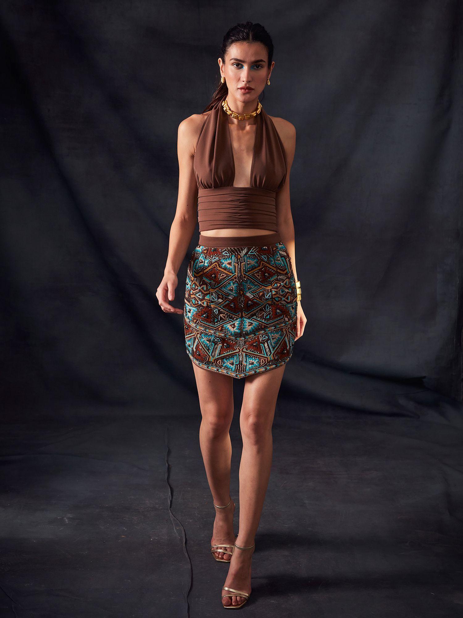 Dark Tan Skirt with Turkish Threadwork and Gunmetal Embellishment Embroidery