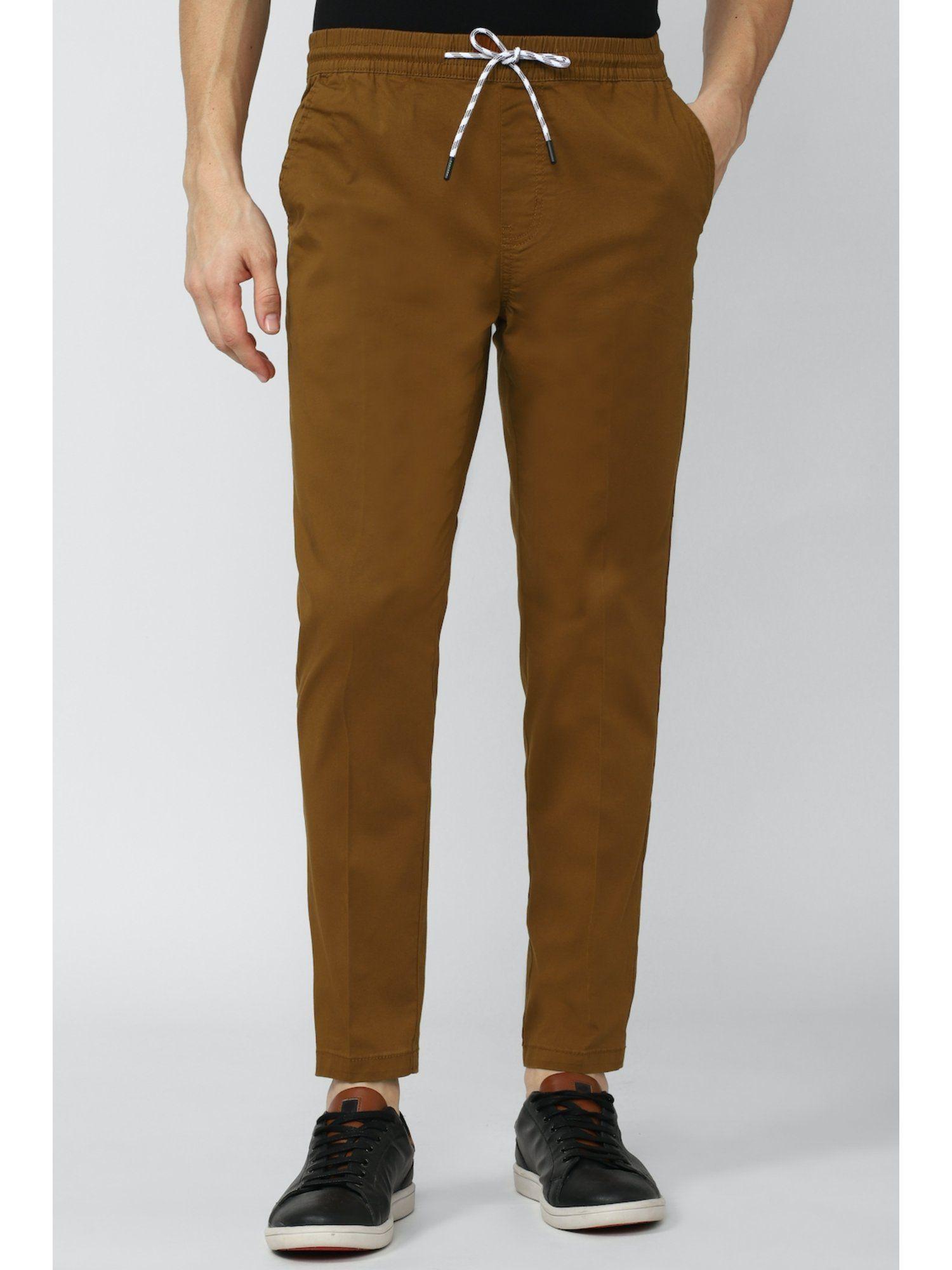 Men Brown Solid Carrot Fit Casual Trousers