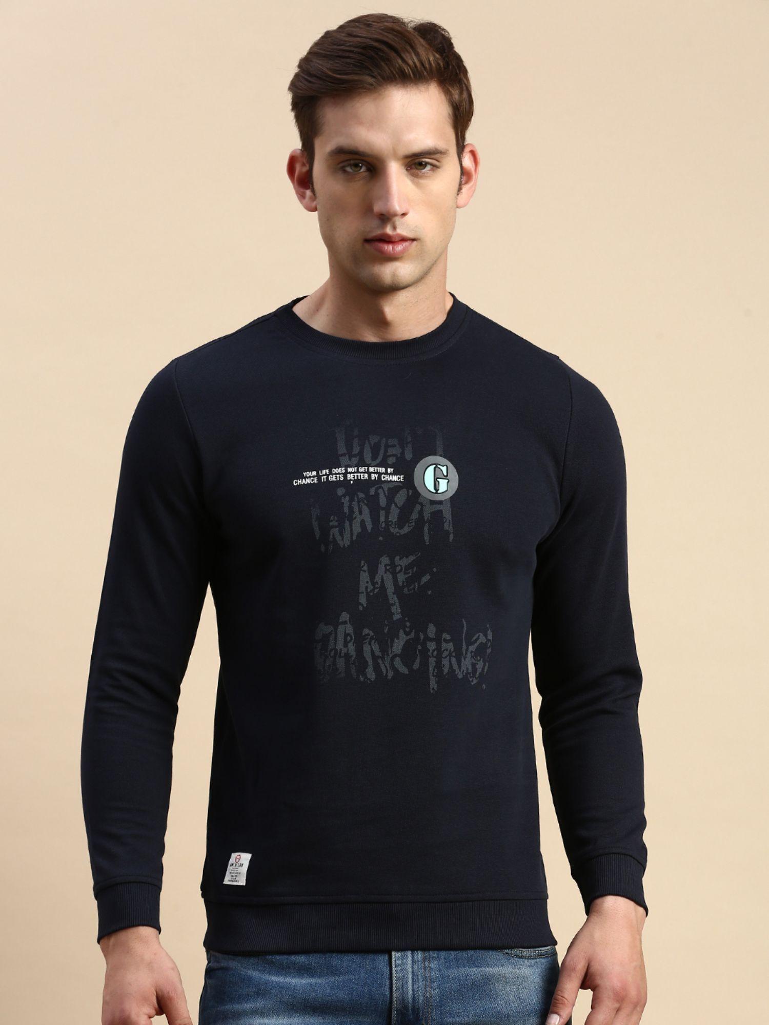 Men Round Neck Printed Navy Blue Pullover Sweatshirt
