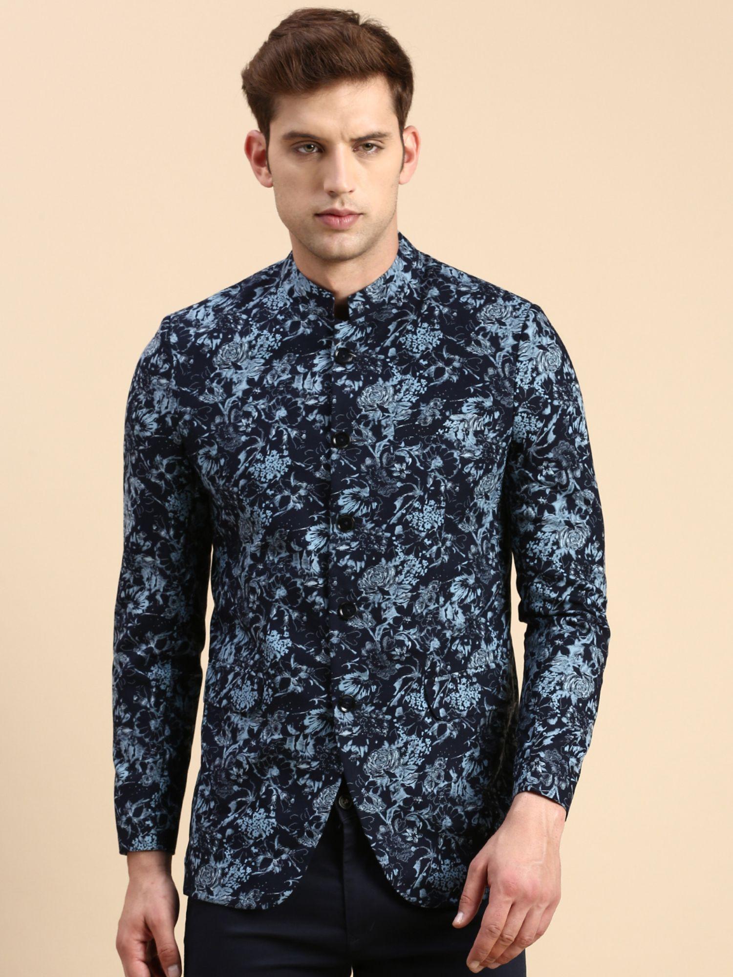 men-printed-mandarin-collar-slim-fit-bandhgala-navy-blue-blazer