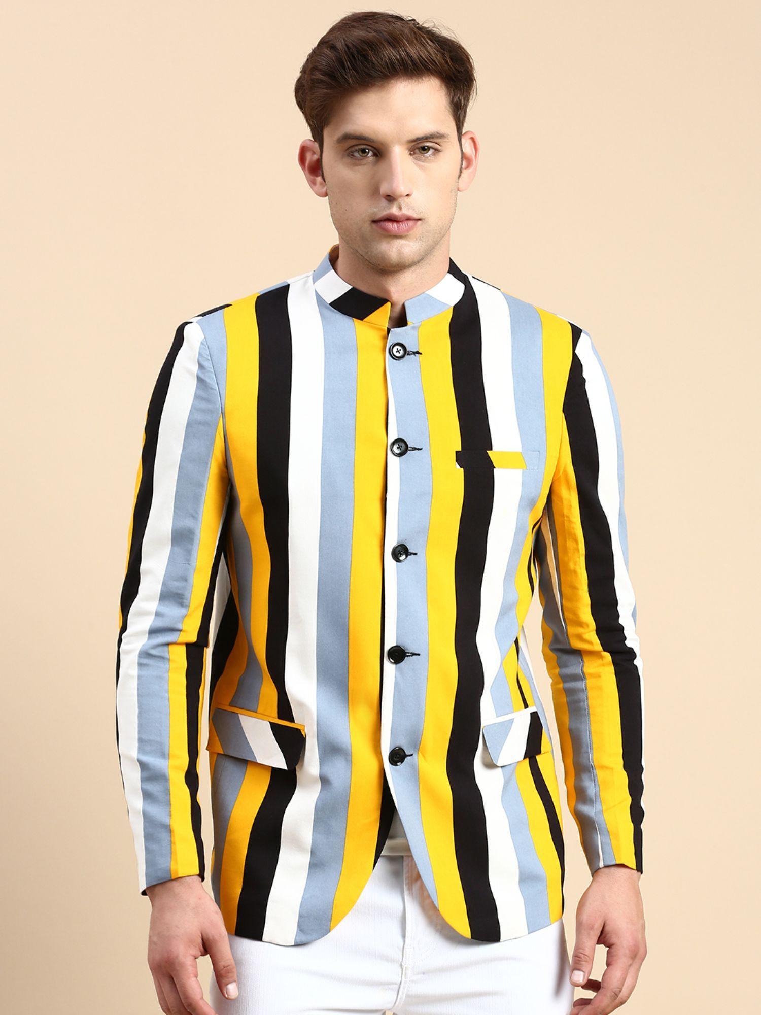 Men Striped Mandarin Collar Slim Fit Bandhgala Yellow Blazer