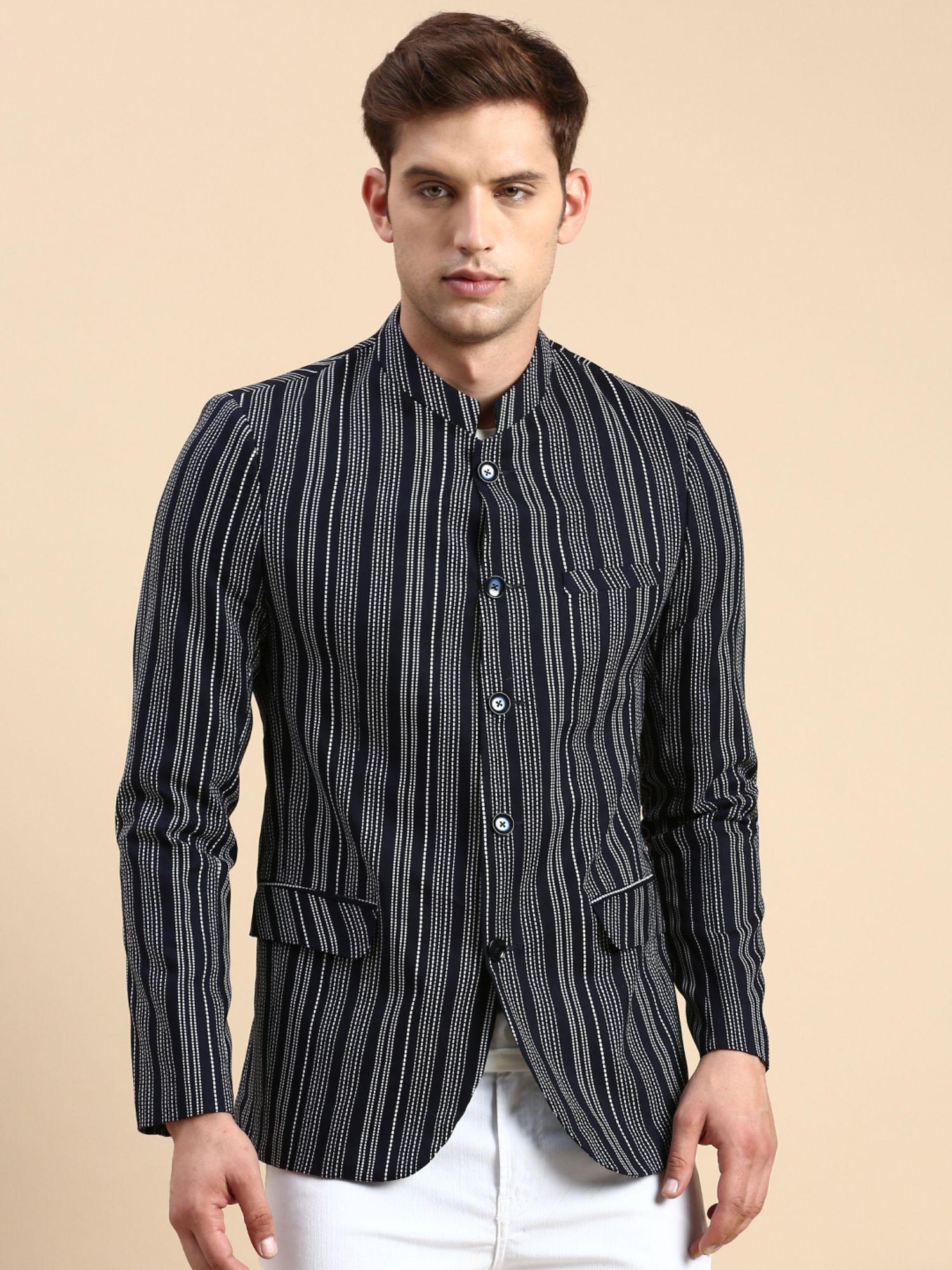 men-striped-mandarin-collar-slim-fit-bandhgala-navy-blue-blazer
