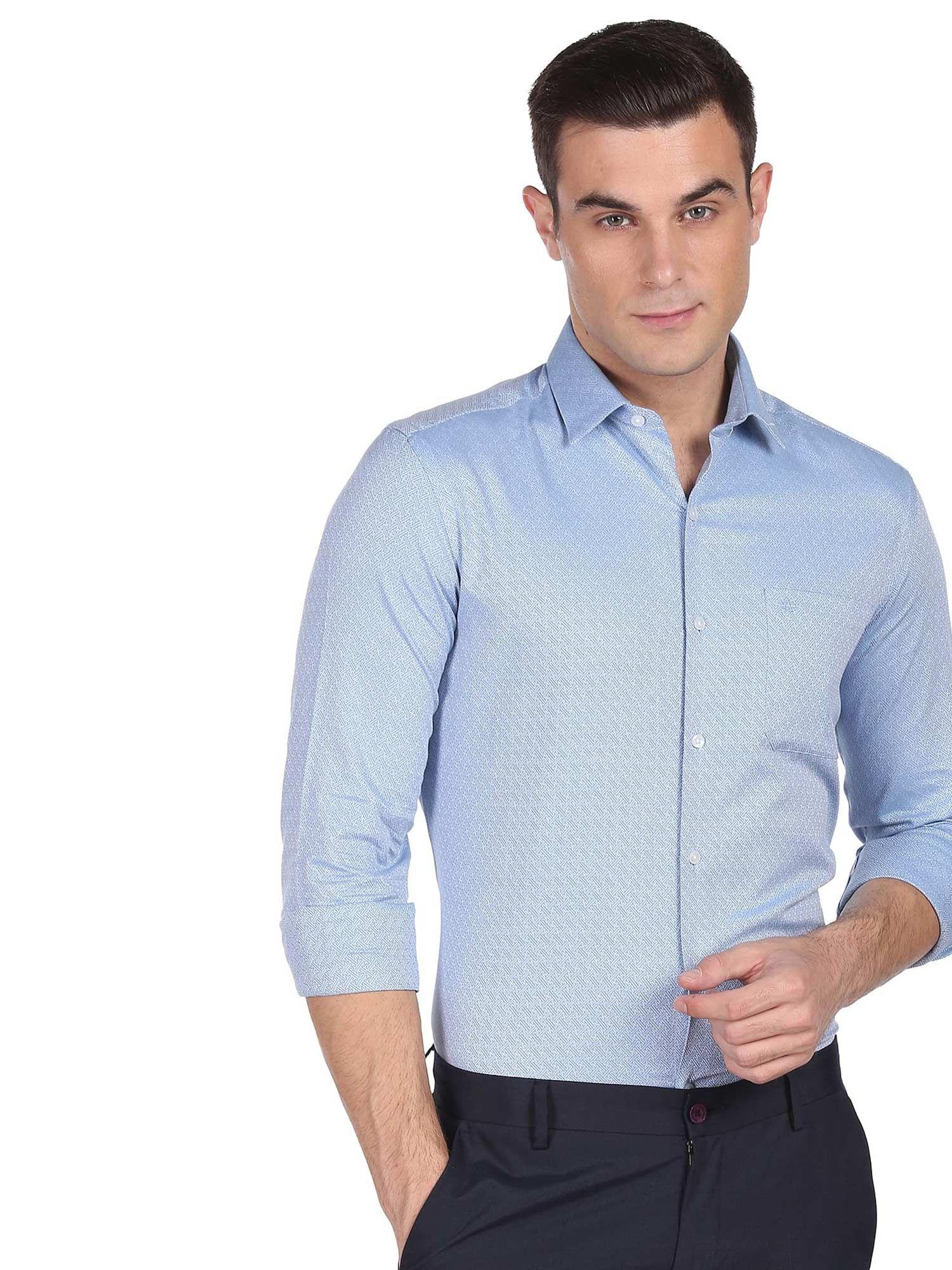 Men Blue Manhattan Slim Fit Self Design Formal Shirt
