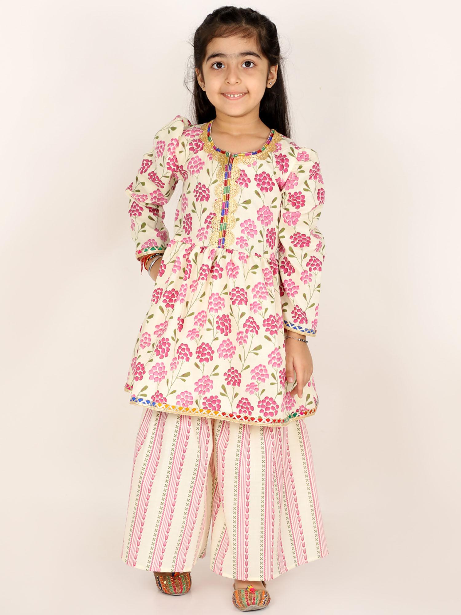 Off White Cotton Printed Sharara for Girls (Set of 2)