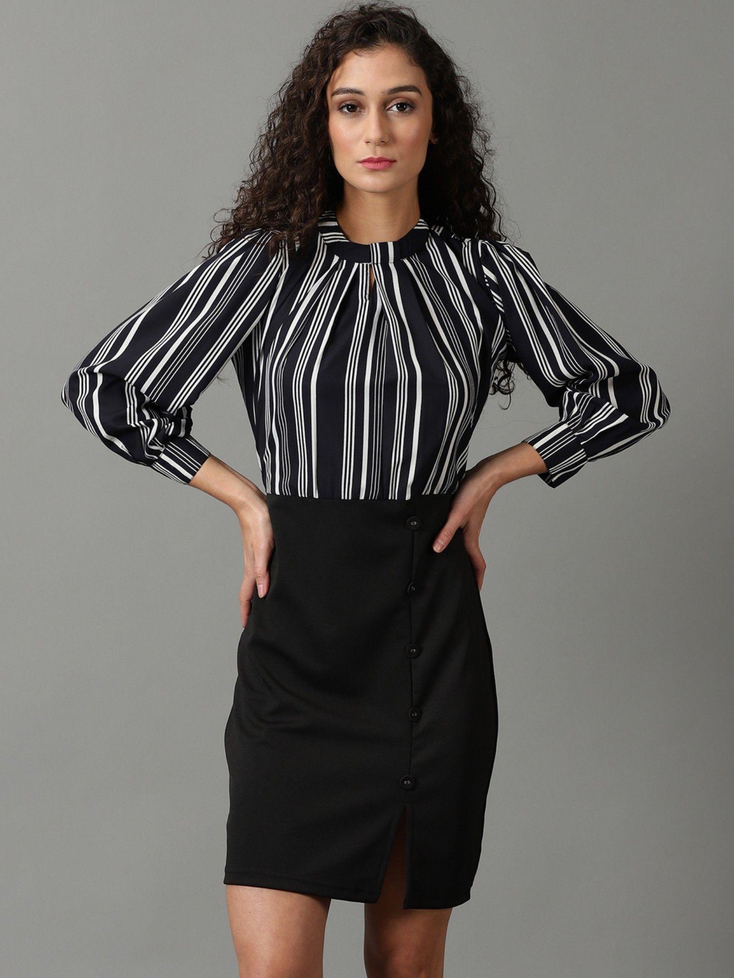 womens-high-neck-striped-above-knee-black-dress