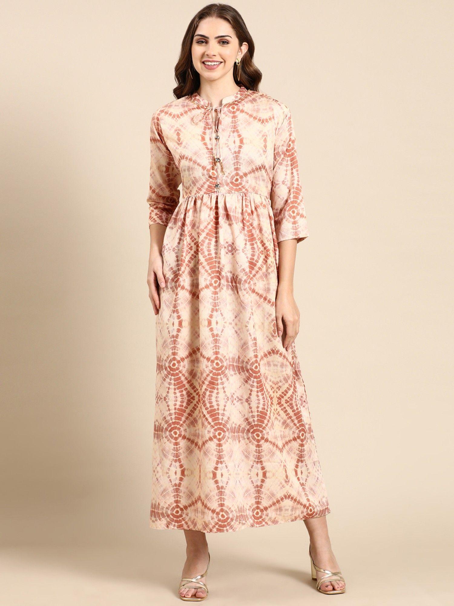 Womens Dyed Cream Tie-up Neck Maxi Dress