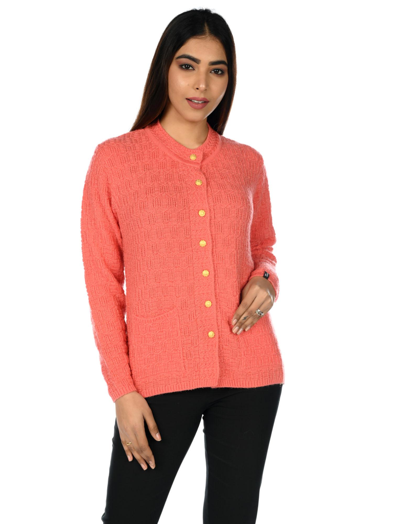 Pink Wool Solid Round Neck Cardigans