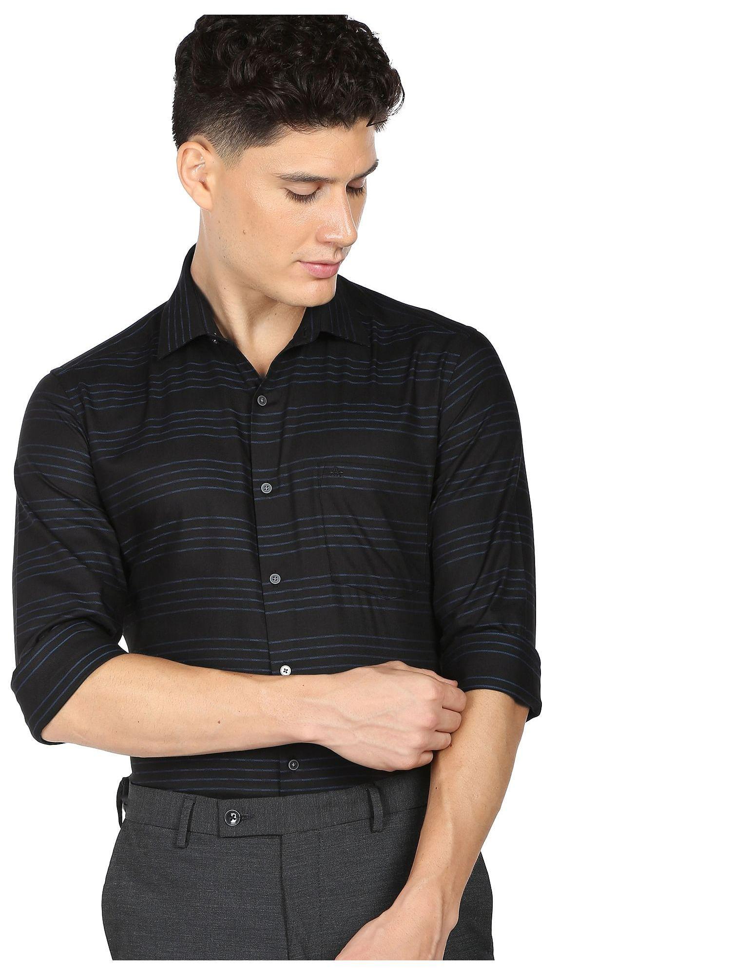 Men Black Manhattan Slim Fit Horizontal Stripe Formal Shirt