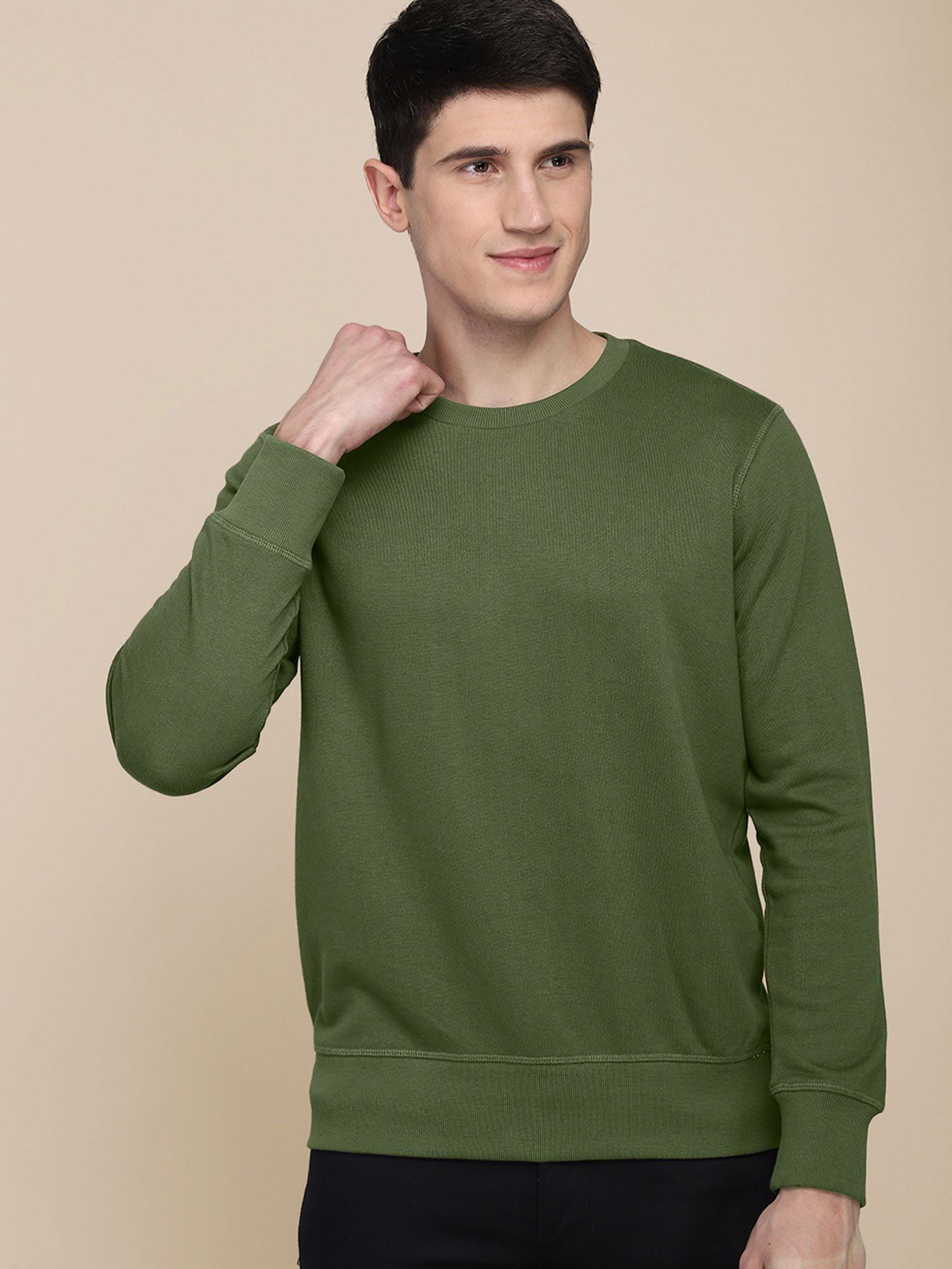 Men Green Coloured Solid Pullover Sweatshirt