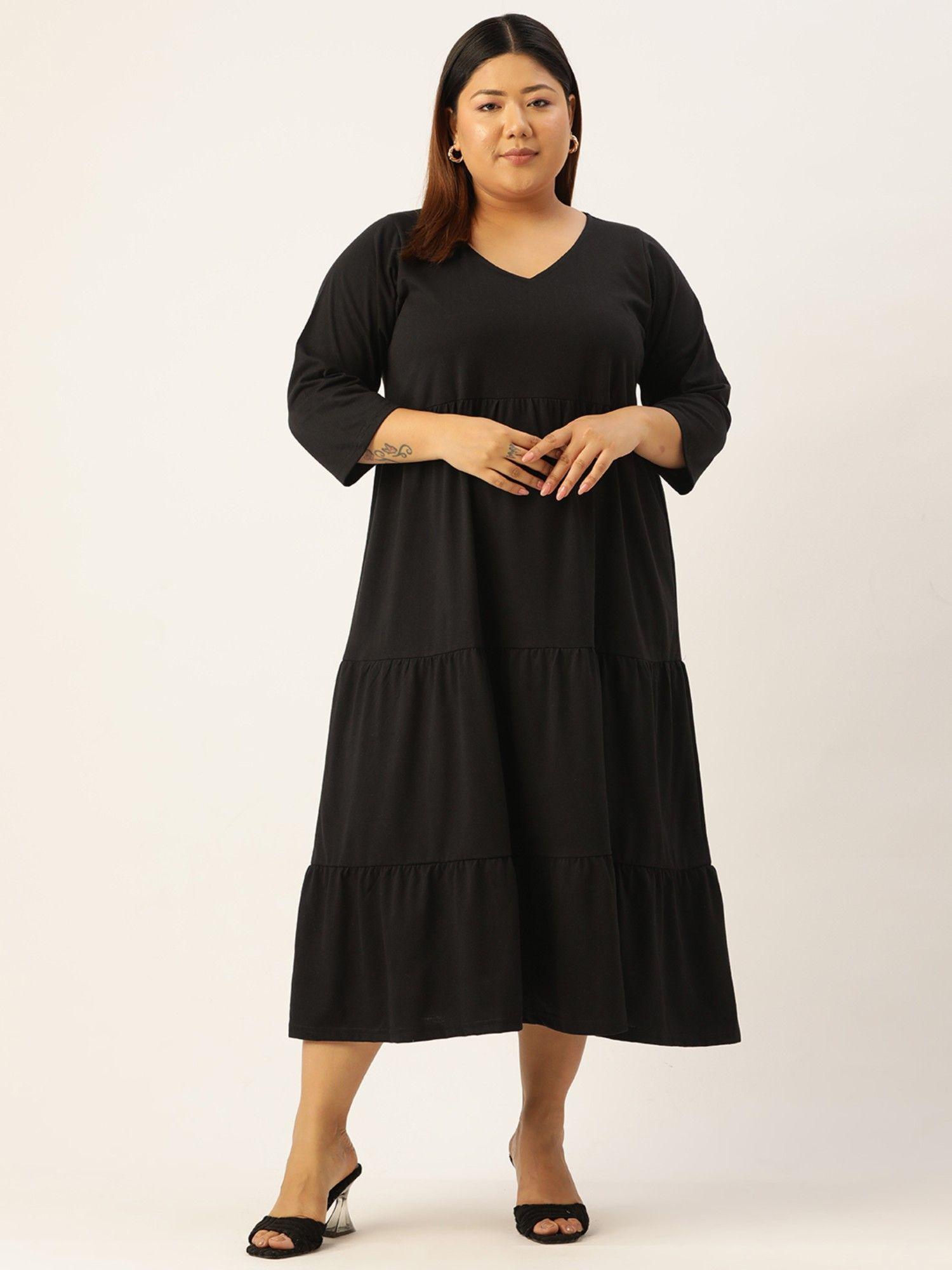 Plus Size Women's Black Solid Color Cotton Tiered Dress