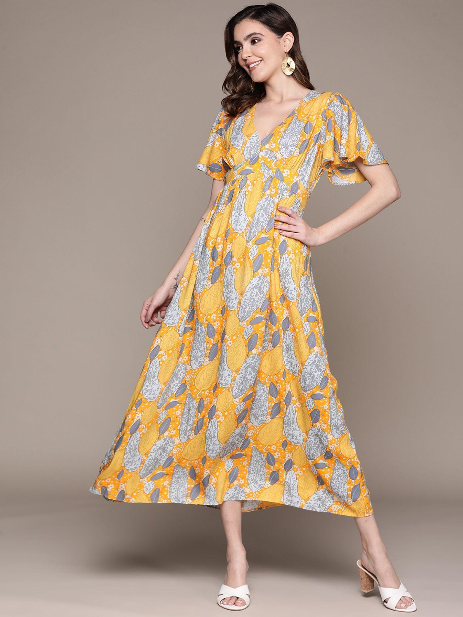 Yellow Botanic Print Maxi Dress