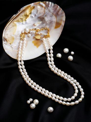 Off White Fresh Water Rice Pearls AAA+ Quality 2 Layers Necklace-ZPFK10976