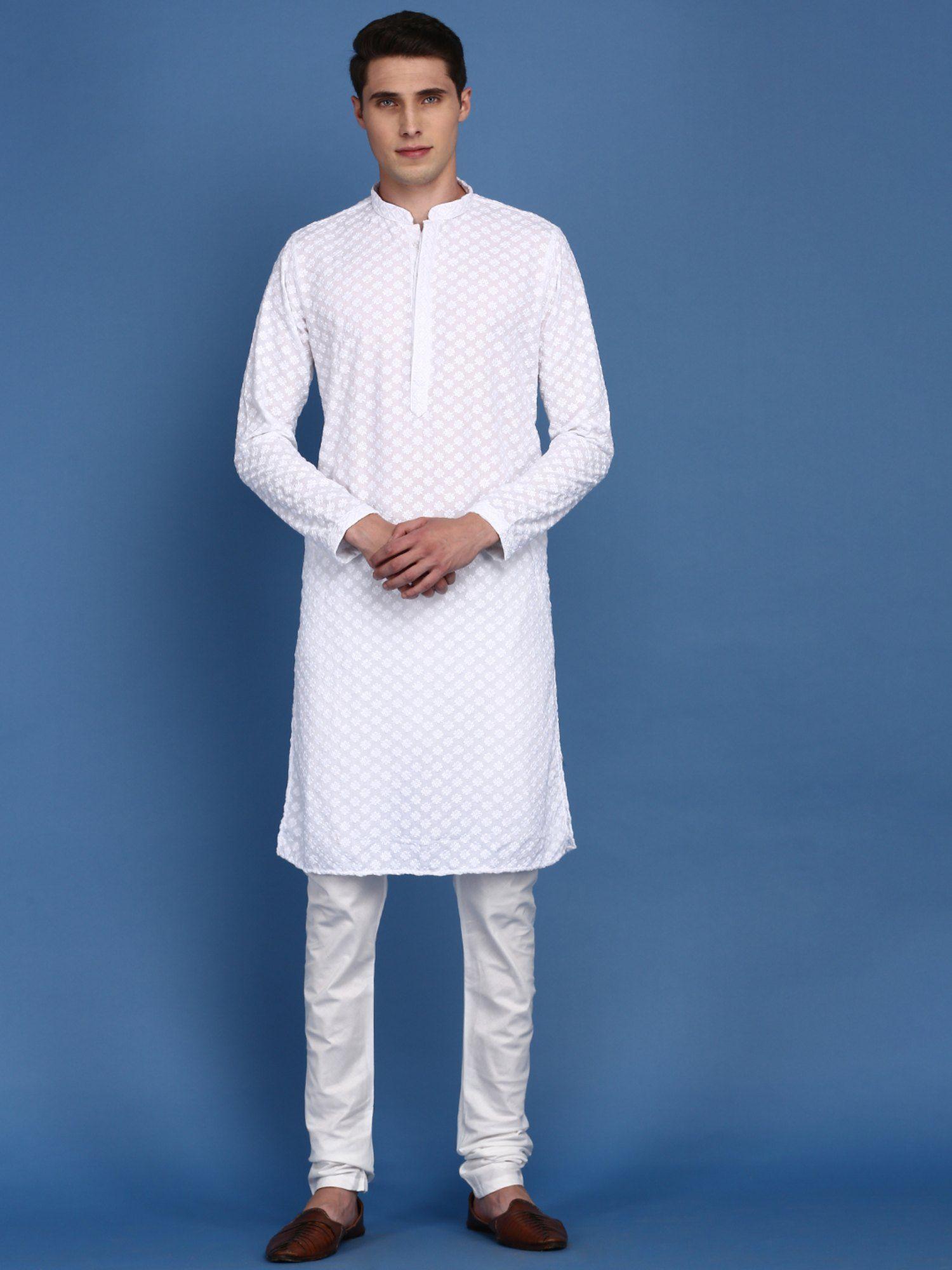 mens-white-chikankari-cotton-designer-kurta-with-churidar-pyjama-(set-of-2)