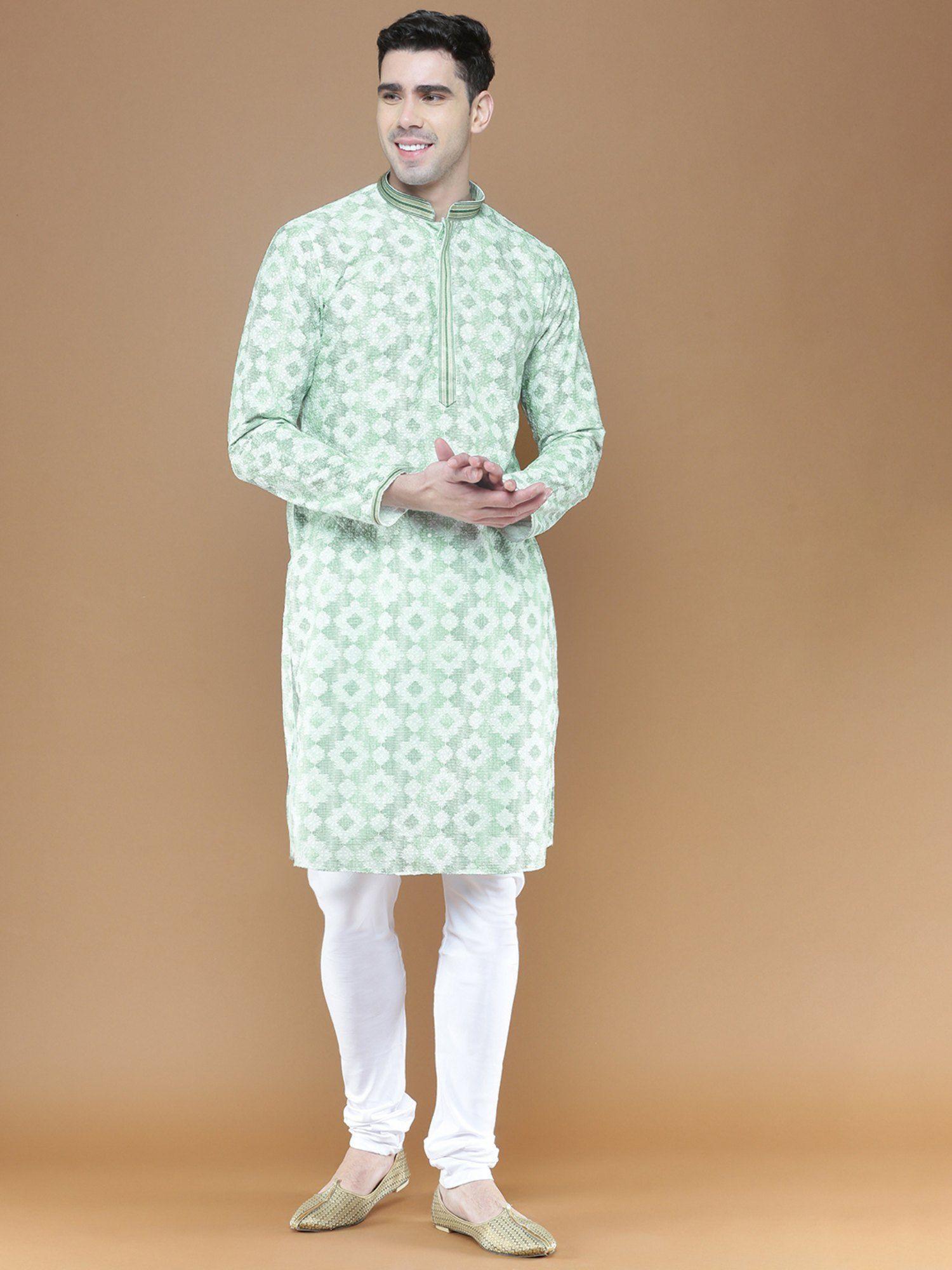 Traditional Green Chikankari Cotton Kurta with Churidar Pyjama for Men (Set of 2)