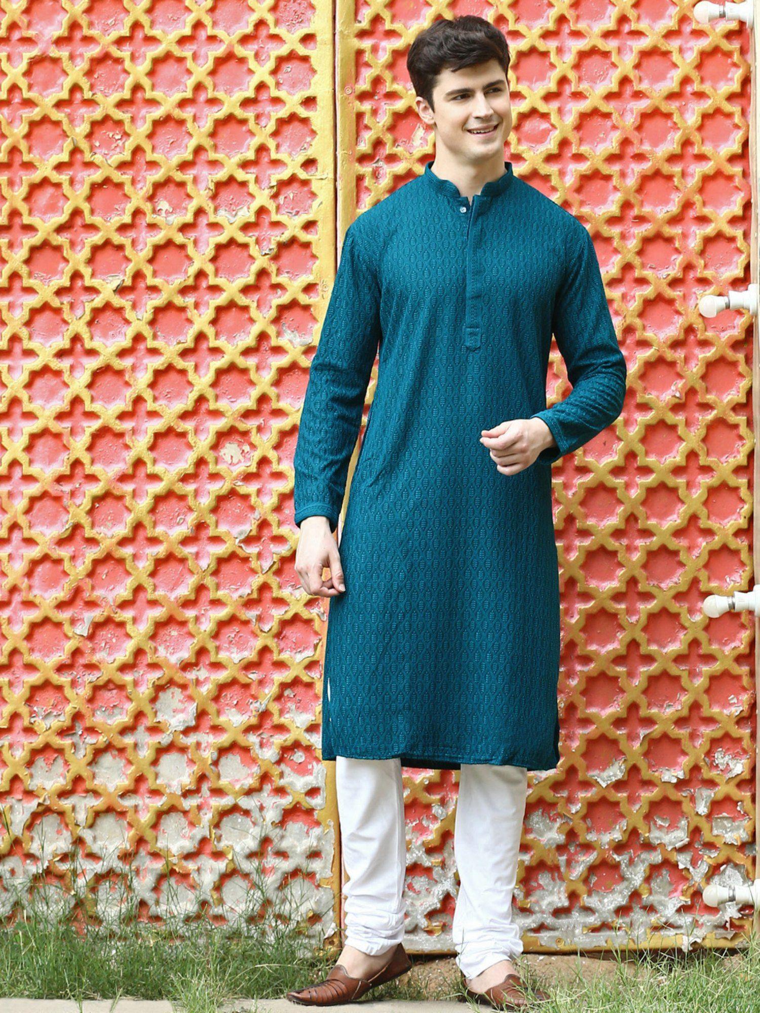 Mens Blue Chikankari Designer Cotton Kurta with Churidar Pyjamas (Set of 2)