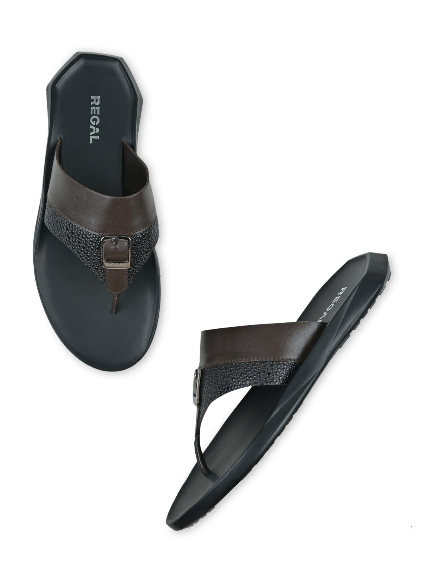 Brown Mens Textured Casual Leather Sandals