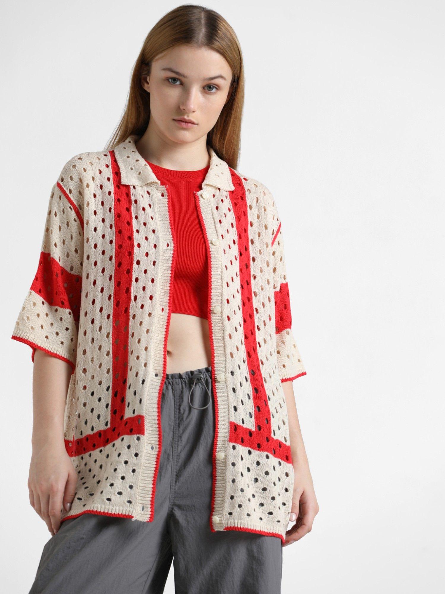 Beige And Red Pointelle Knit Cardigan