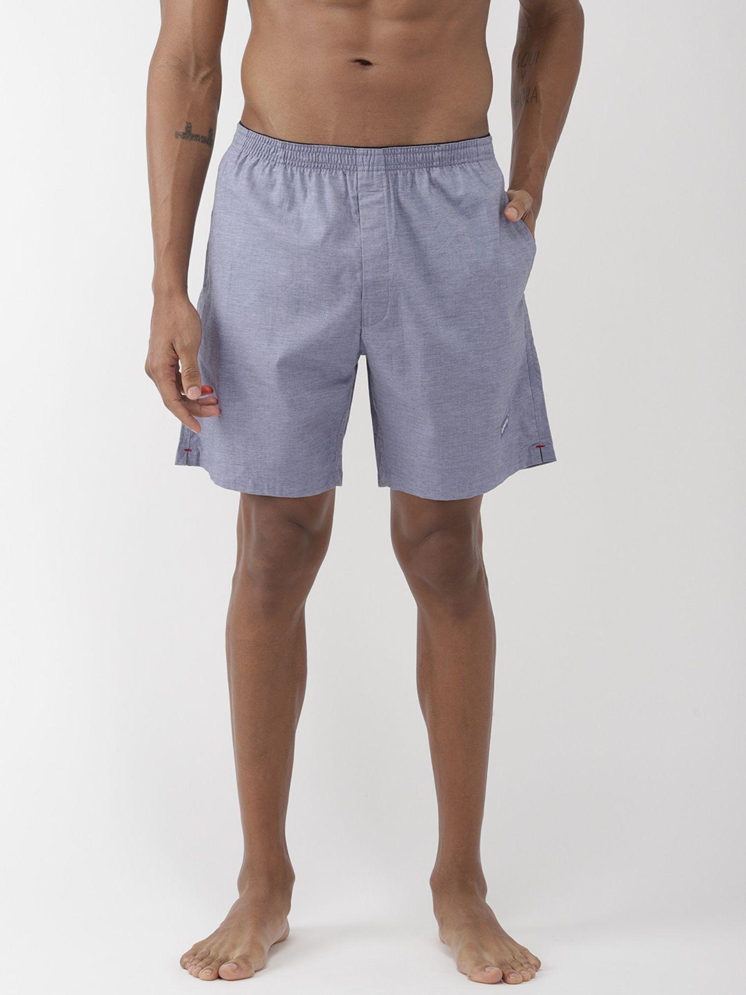 Men Soft Cotton 300 Ls Solid Plain Woven Boxer Shorts With Pockets Blue