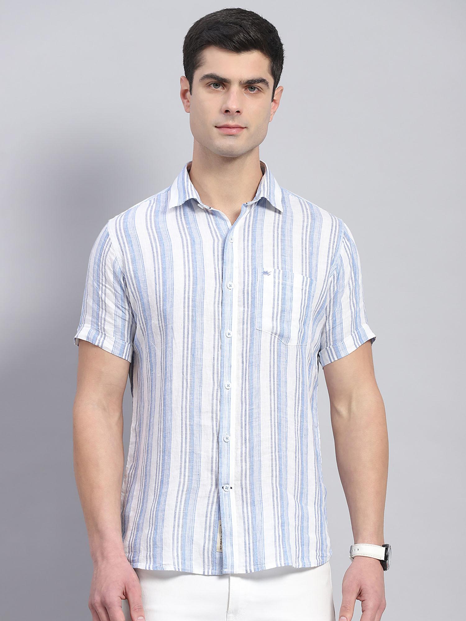 Mens Blue Cotton Blend Striped Collared Neck Half Sleeve Casual Shirt