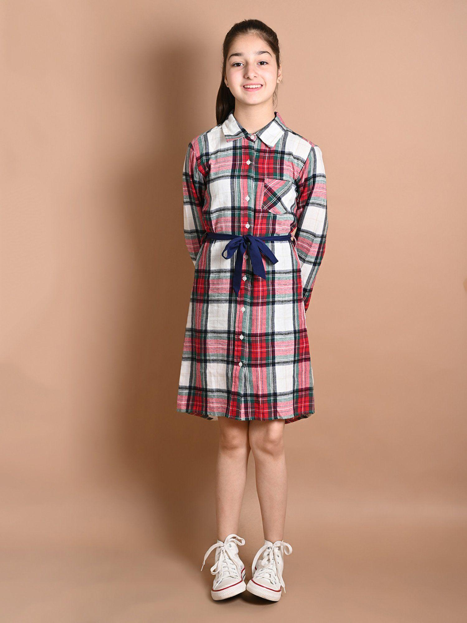 Checkered Print Shirt Collar Dress with Belt (Set of 2)