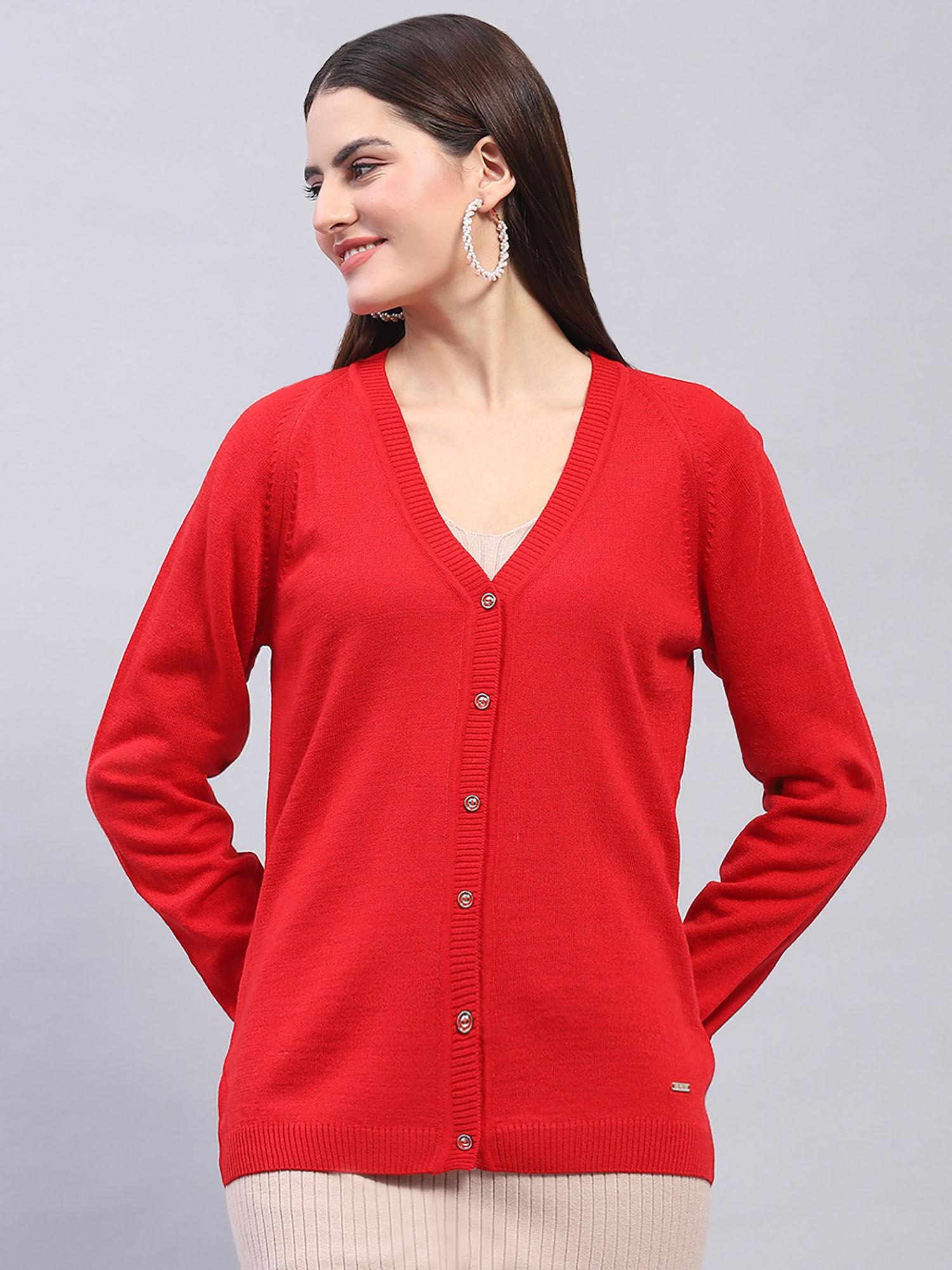 Womens Red Solid V Neck Full Sleeve Wool Blend Cardigan