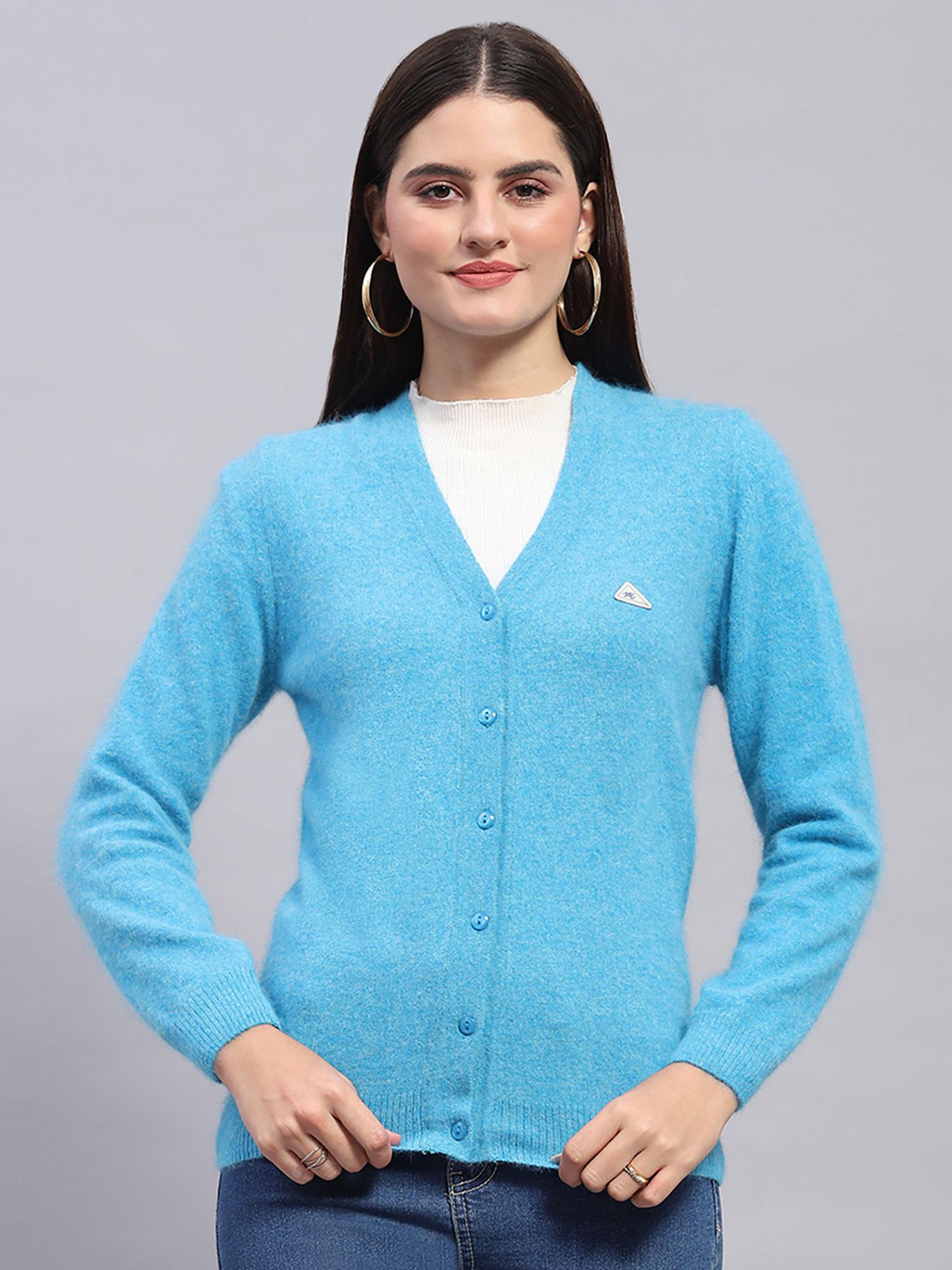Womens Blue Solid V Neck Full Sleeve Wool Cardigan