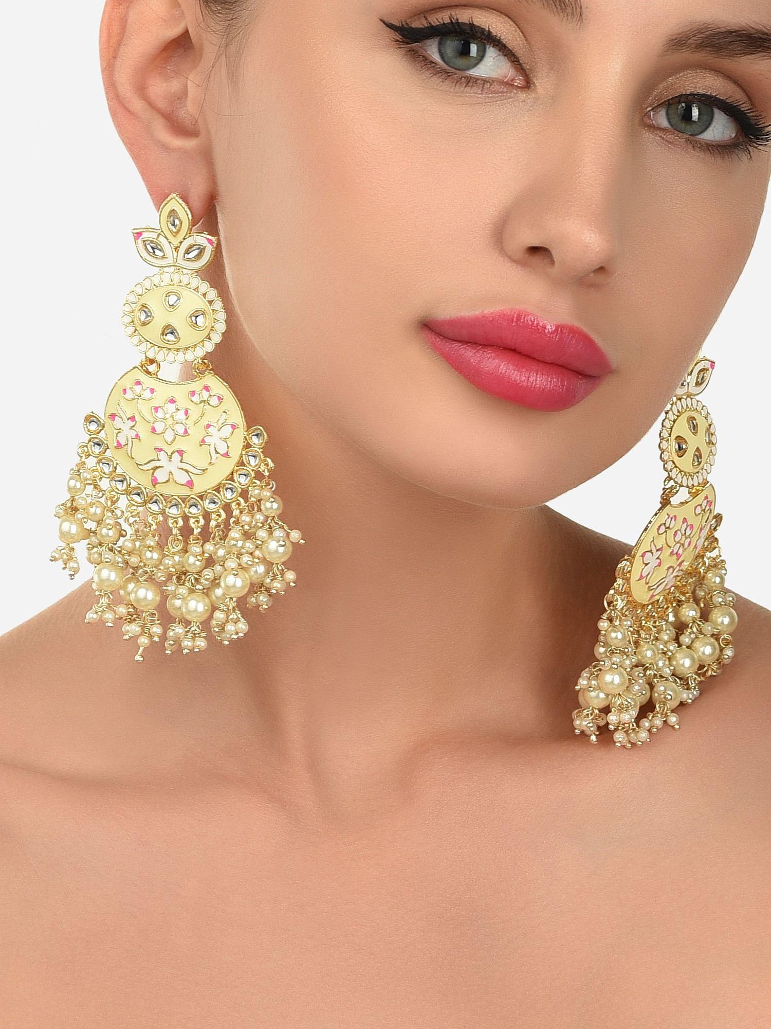 Yellow and Pink Meenakari Cluster Pearls Dangle and Drop Earring-ZPFK12130