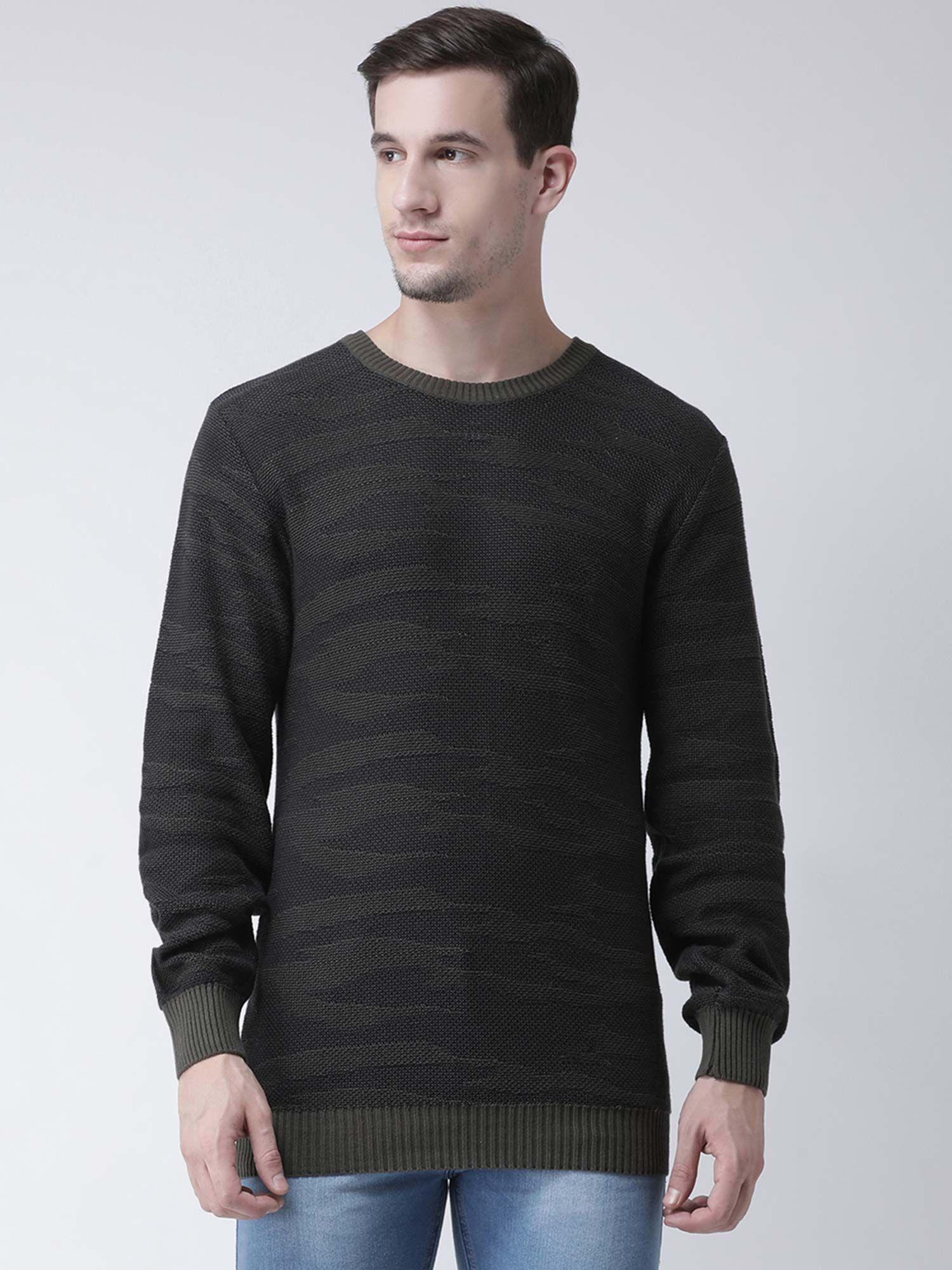 Men Olive Self Design Pullover Sweater