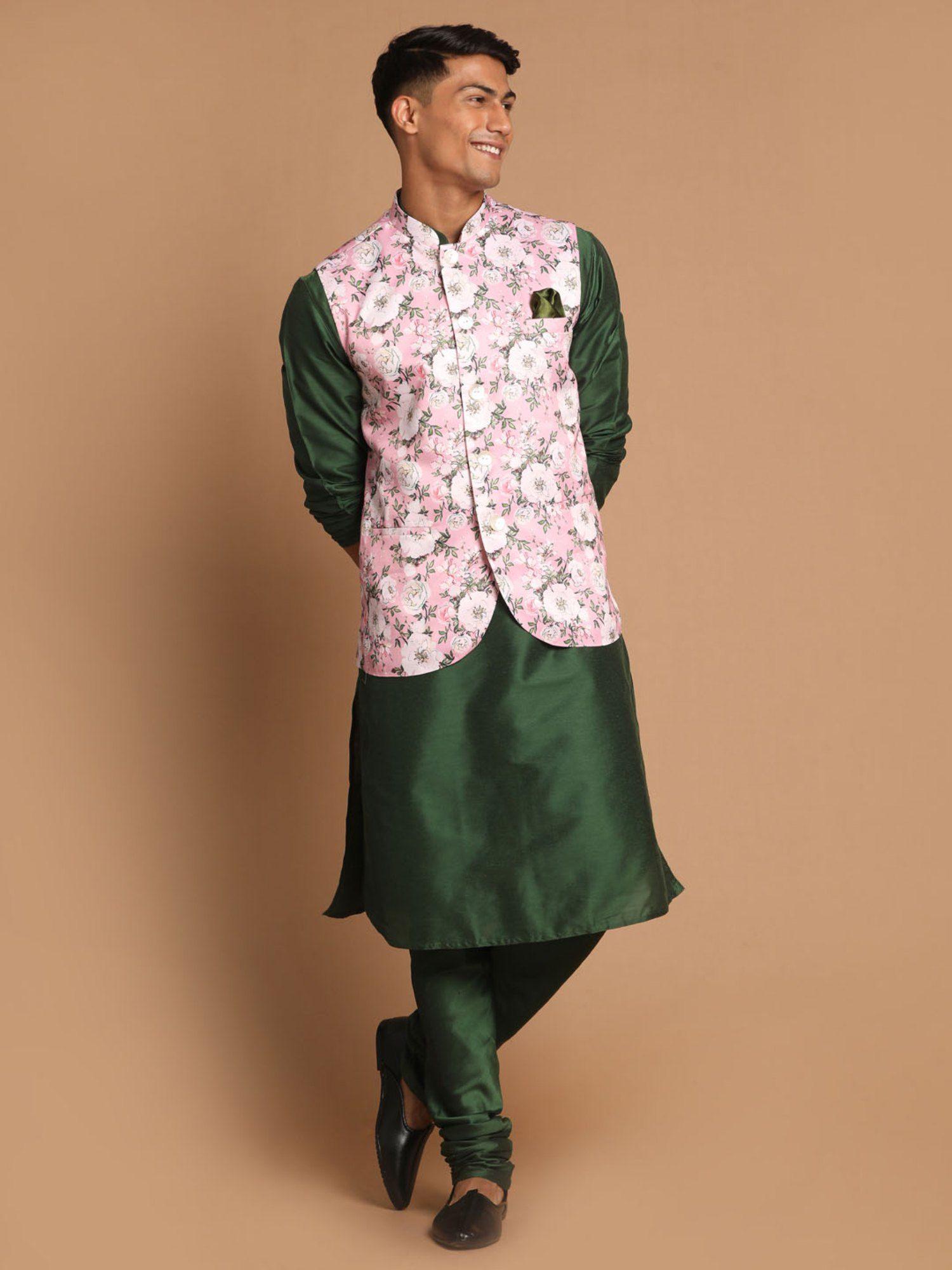 mens-green-and-pink-poly-viscose-jacket---kurta-and-pyjama-(set-of-3)