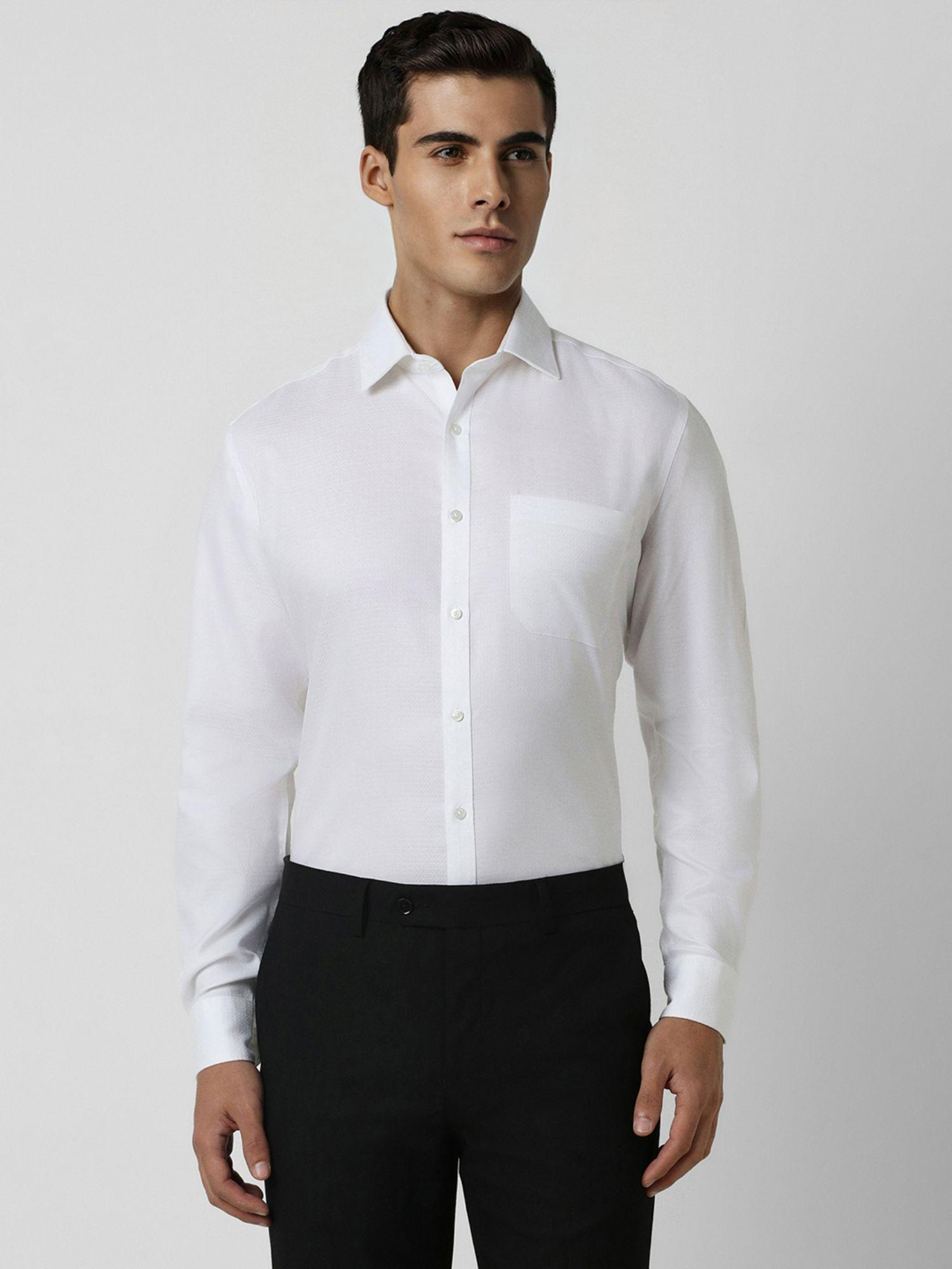 Men White Regular Fit Textured Full Sleeves Formal Shirt