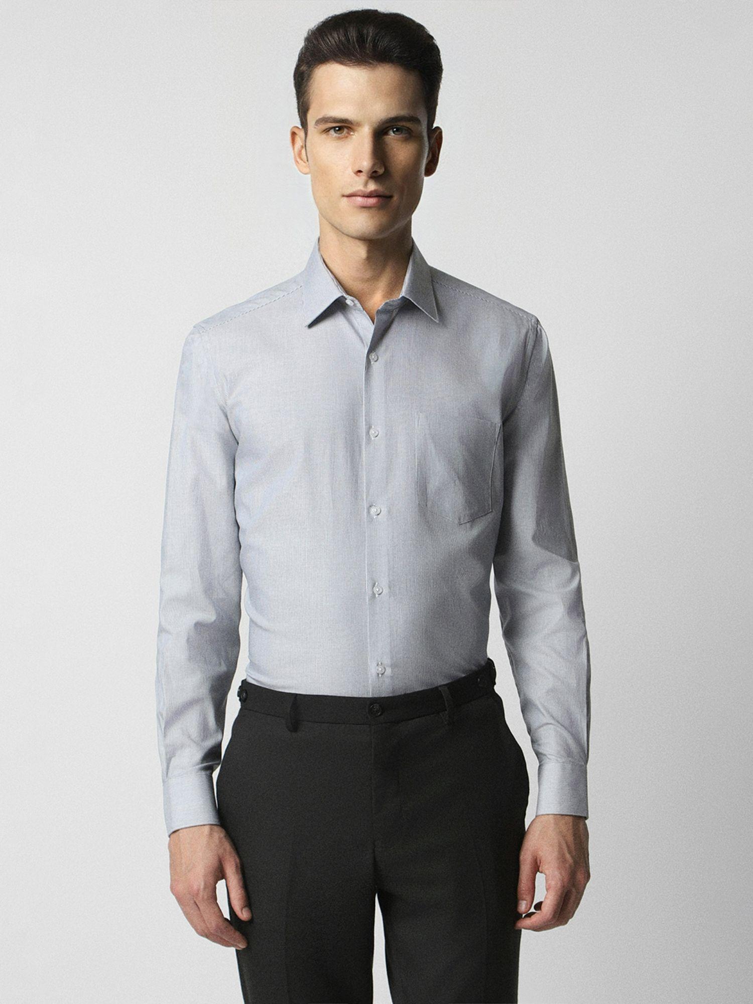 Men Grey Regular Fit Stripe Full Sleeves Wedding Shirt
