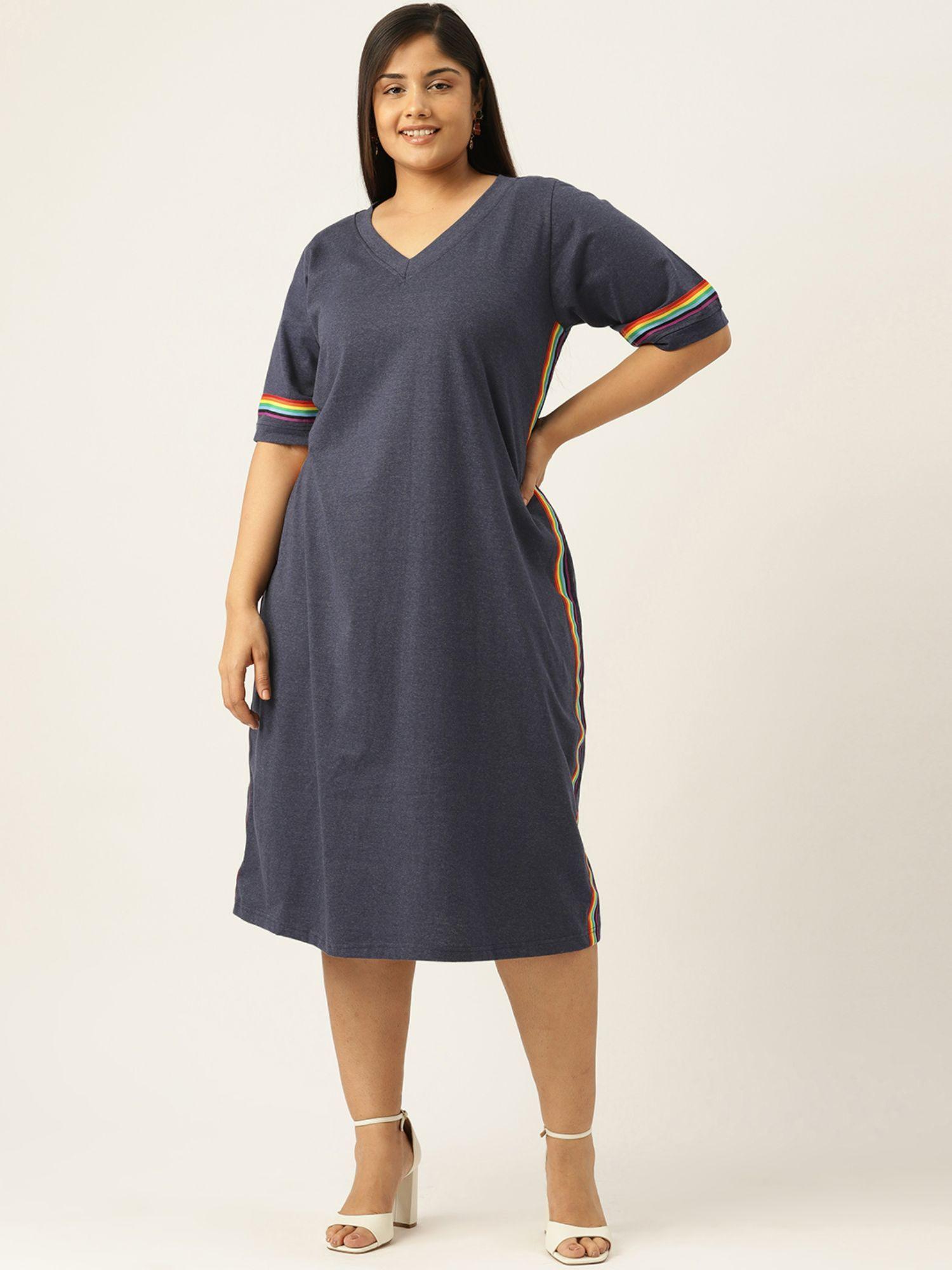 Plus Size Womens Melange Blue Solid Cotton Knitted A-Line Dress