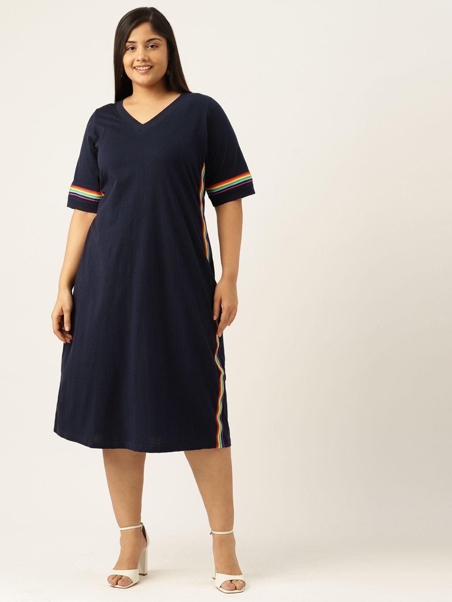 Plus Size Womens Navy Blue Solid Cotton Knitted A-Line Dress
