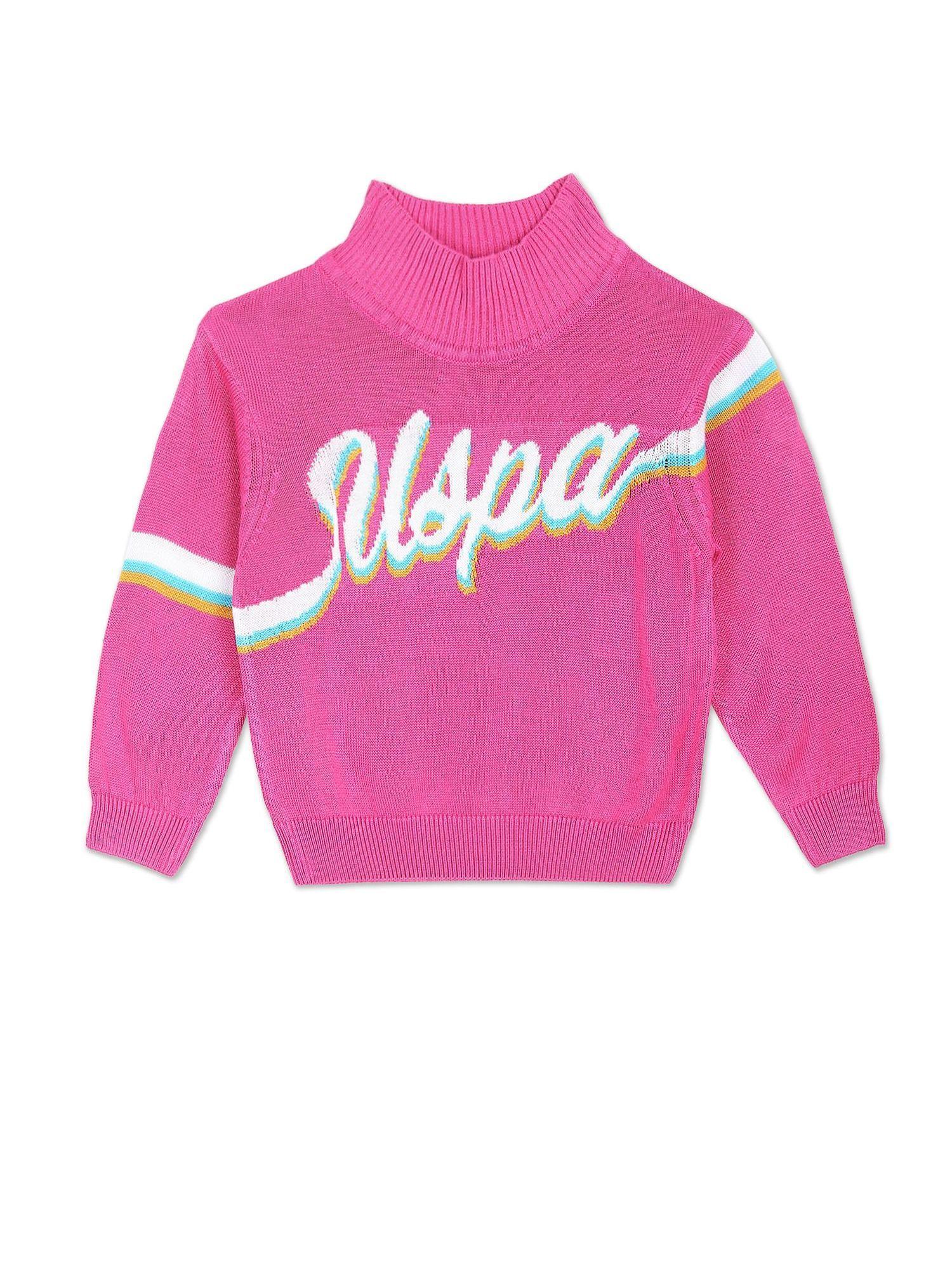 Girls Pink High Neck Patterned Knit Viscose Sweater
