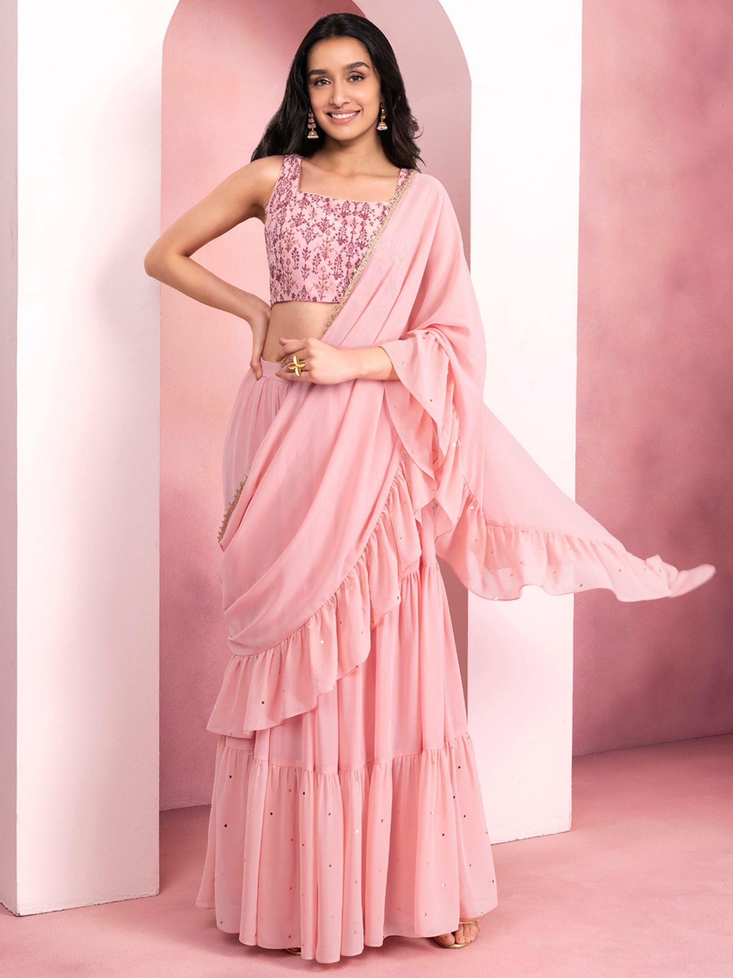 Pink Foil Skirt with Attached Ruffled Dupatta