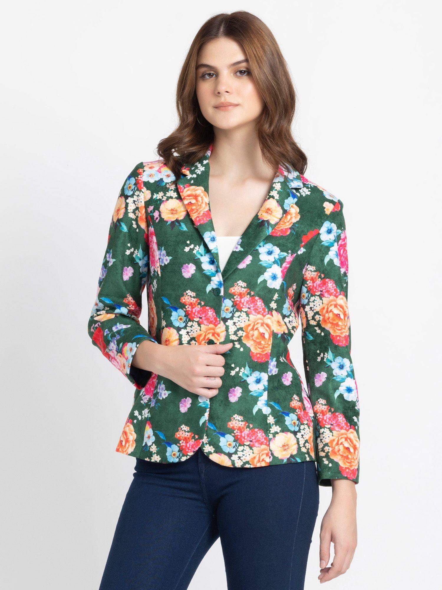 Notched Lapel Collar Green Floral Print Full Sleeves Casual Blazer for Women