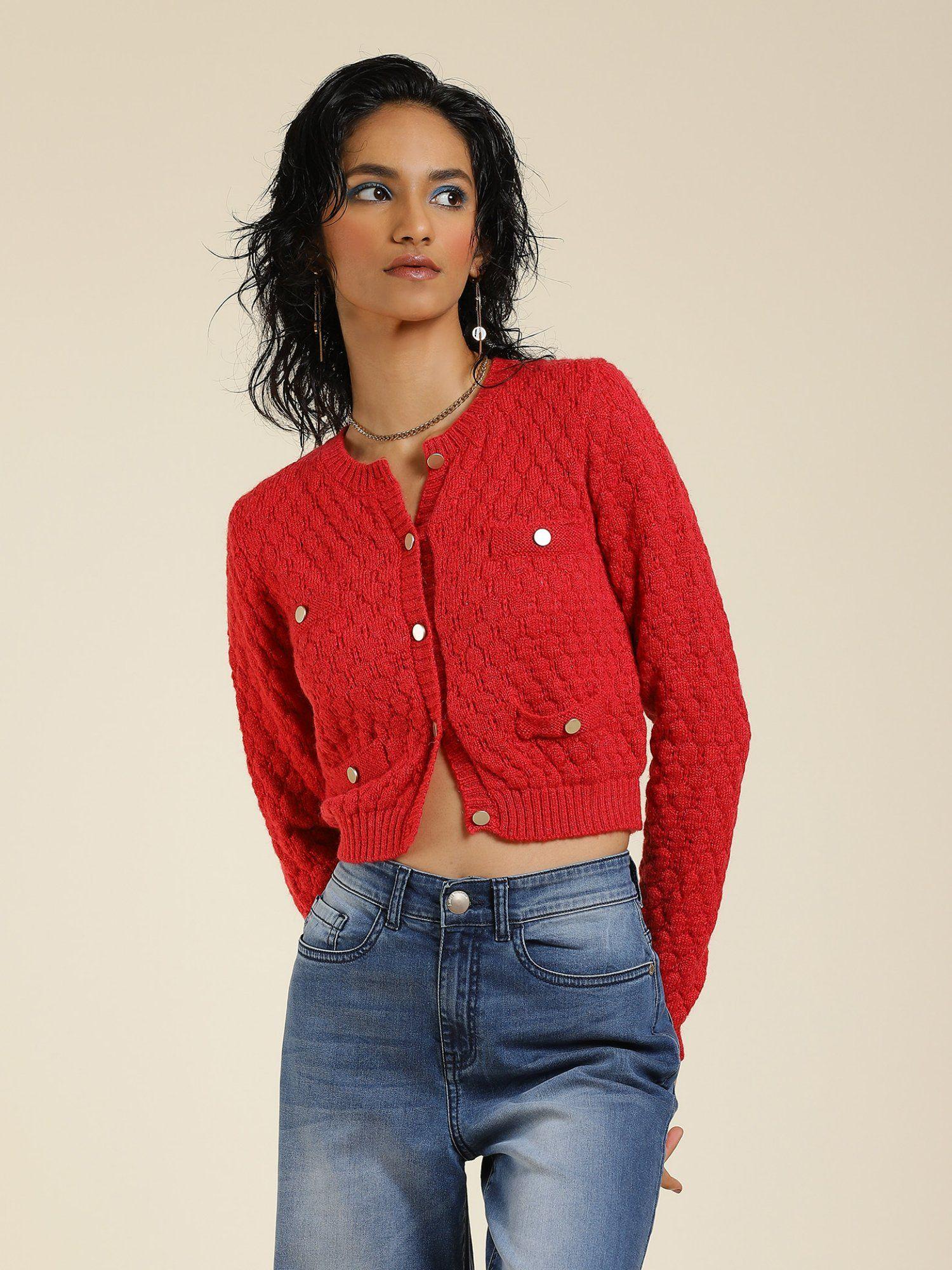 Red Textured Cardigan
