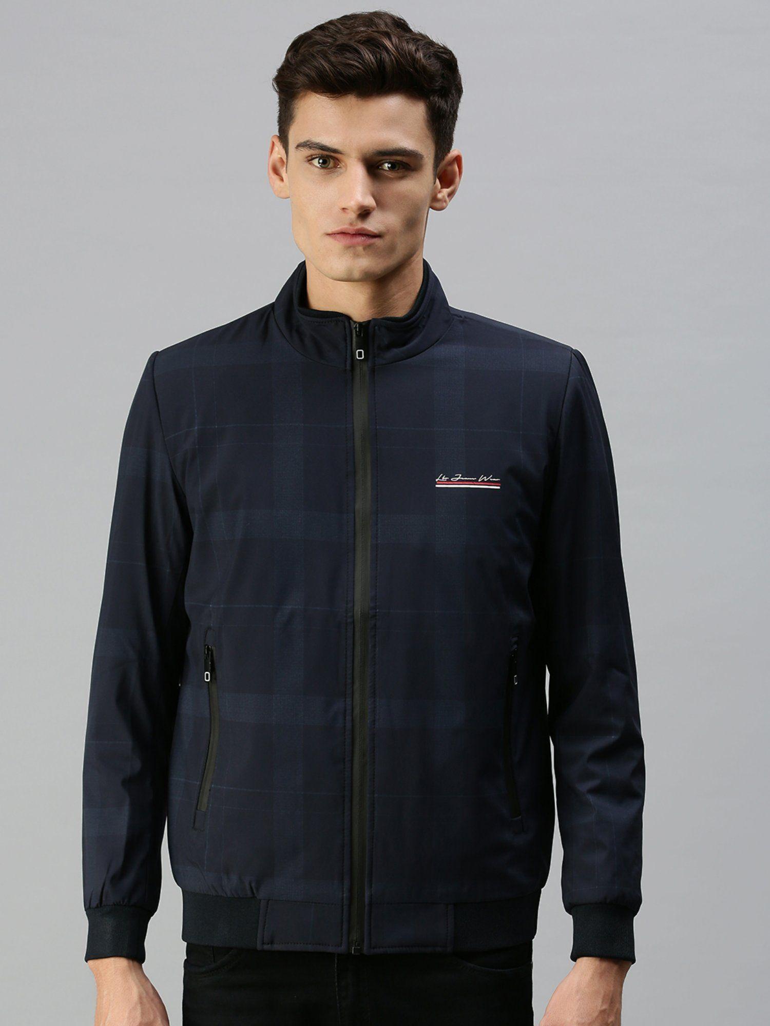 Men Casual Checked Navy Blue Jacket