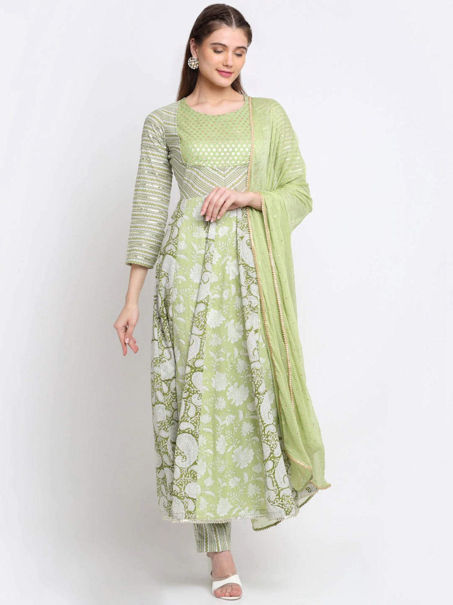 Nilofer Green Floral Anarkali with Pants and Chiffon Dupatta (Set of 3)