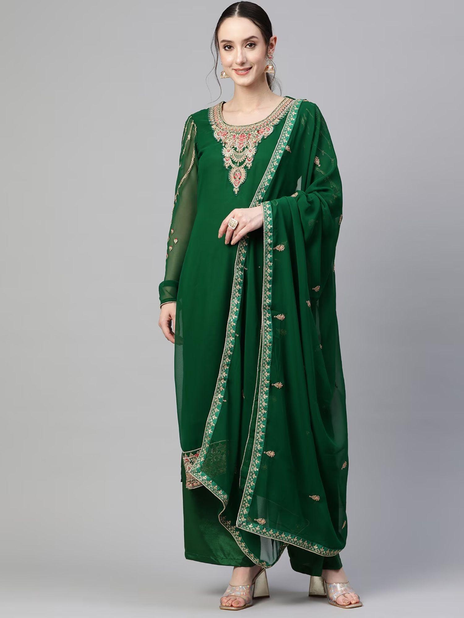 Straight Style Green Color Kurti with Bottom and Dupatta (Set of 3)