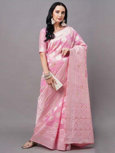 Women Cotton Silk Pink Woven Saree with Unstitched Blouse